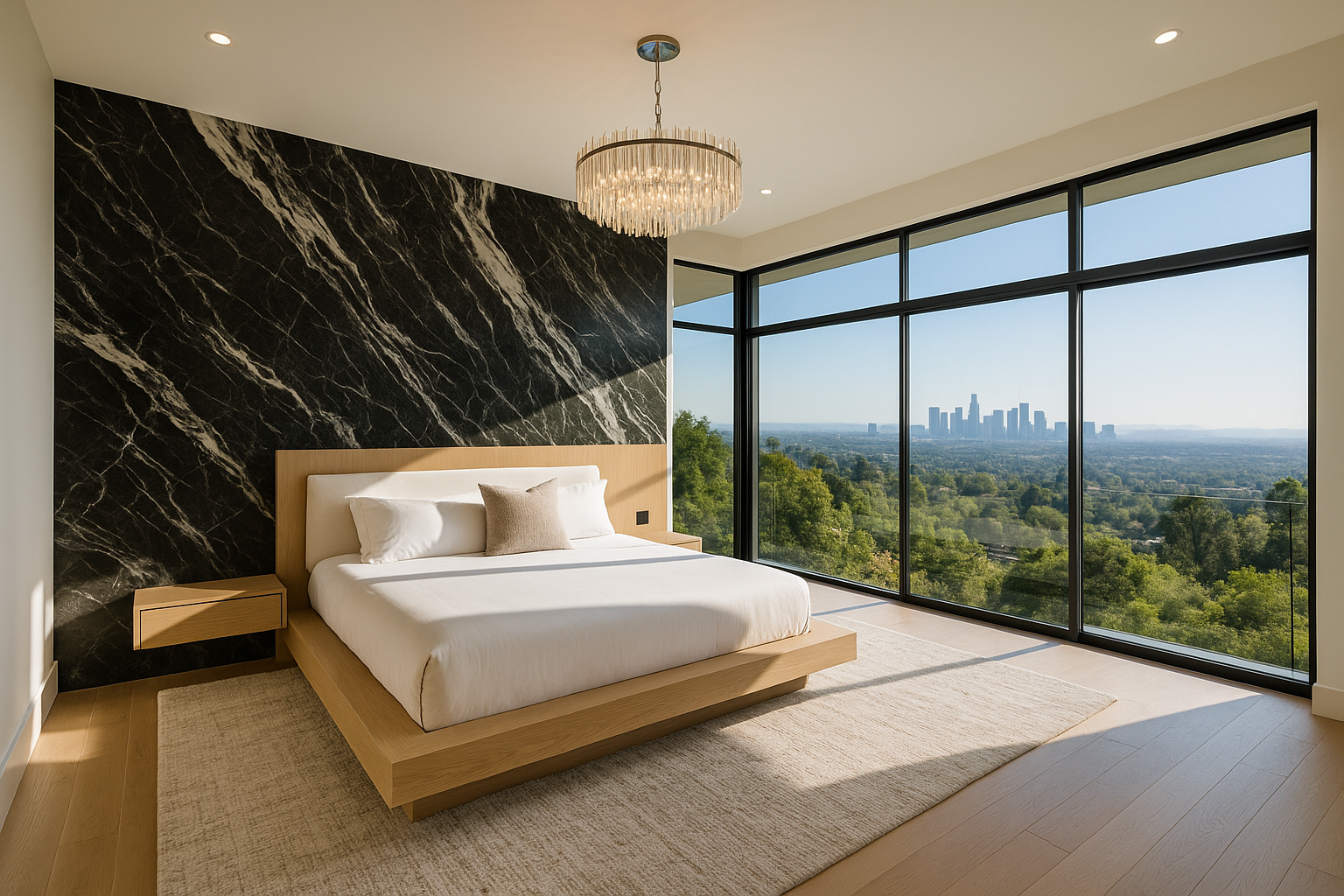 Master suite addition in Sherman Oaks with floor-to-ceiling glass windows, Italian marble accent wall, and Los Angeles skyline views.