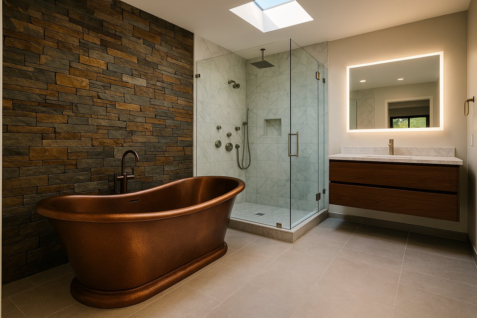 Spa-like bathroom remodel in Sherman Oaks with freestanding copper tub, natural stone accent wall, and rainfall shower.