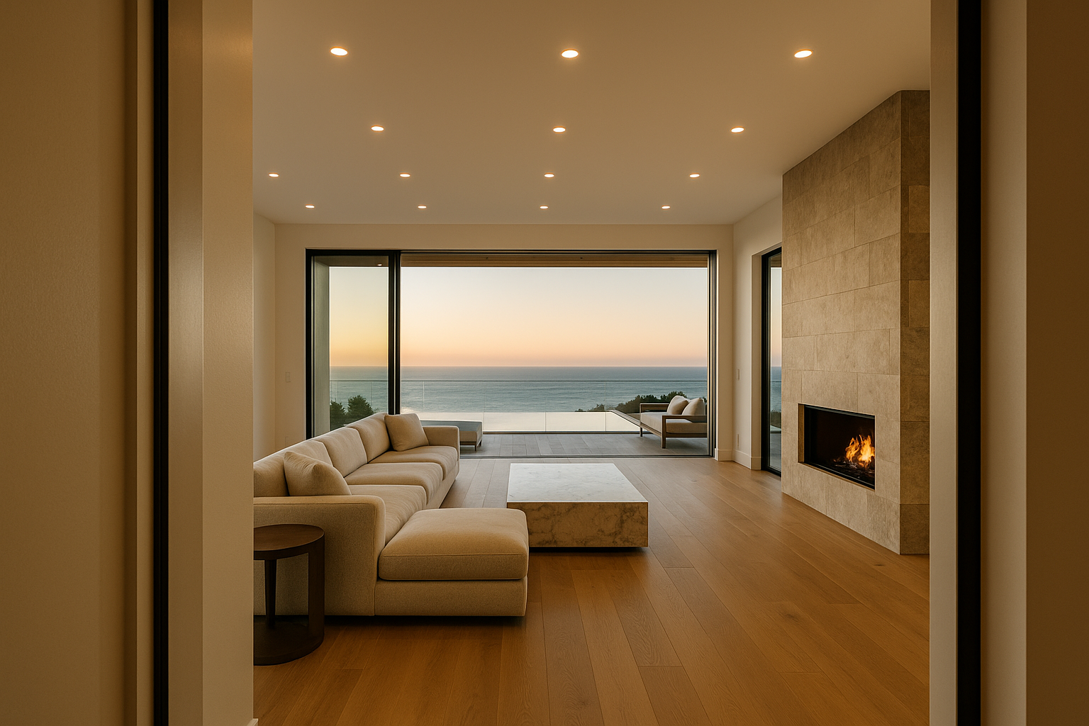 Luxury living room with floor-to-ceiling glass walls and ocean views in Ventura, California, managed by a general contractor.
