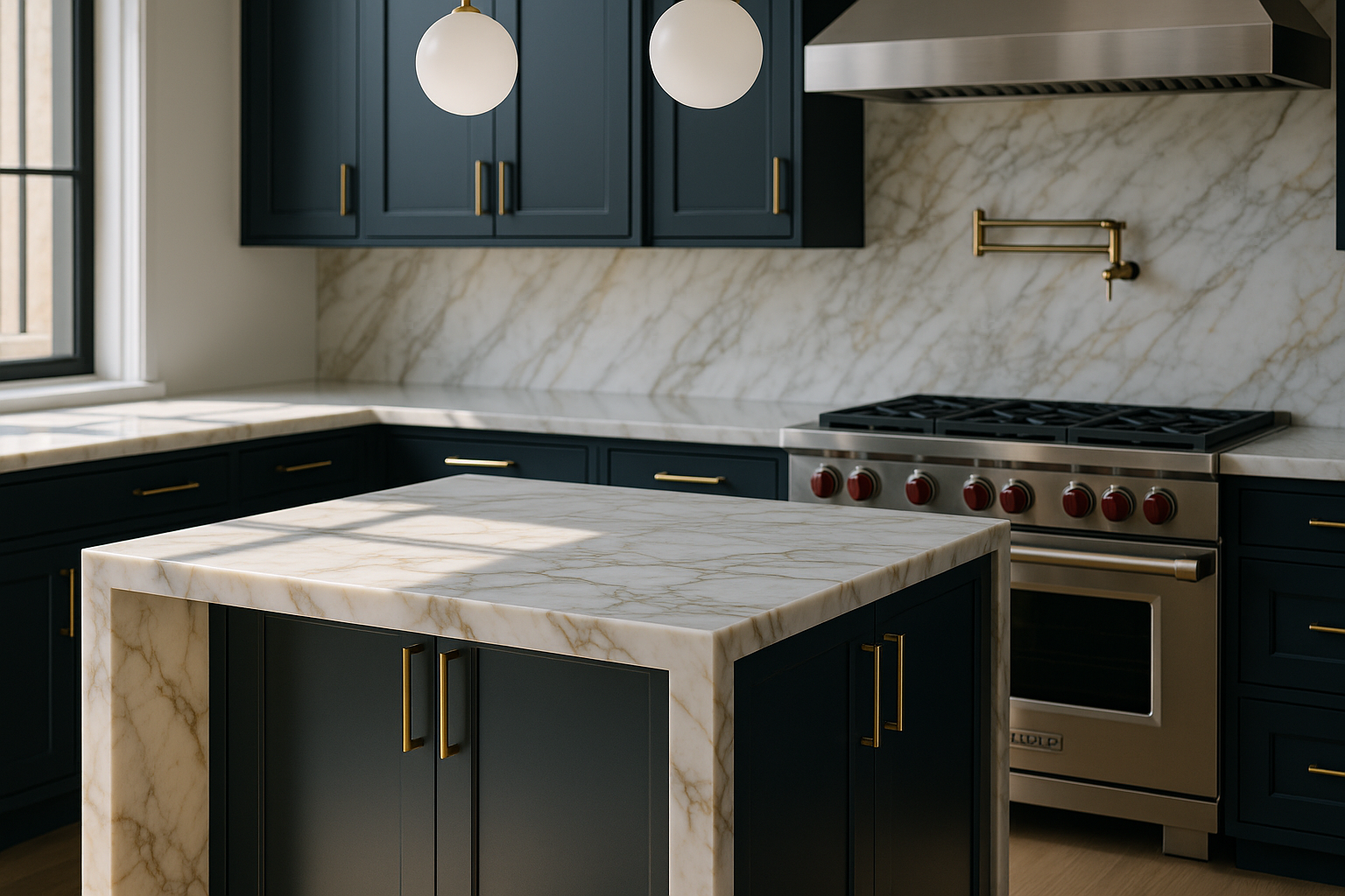Modern kitchen remodel in Ventura, California, with Calacatta marble waterfall island and high-end Wolf appliances.