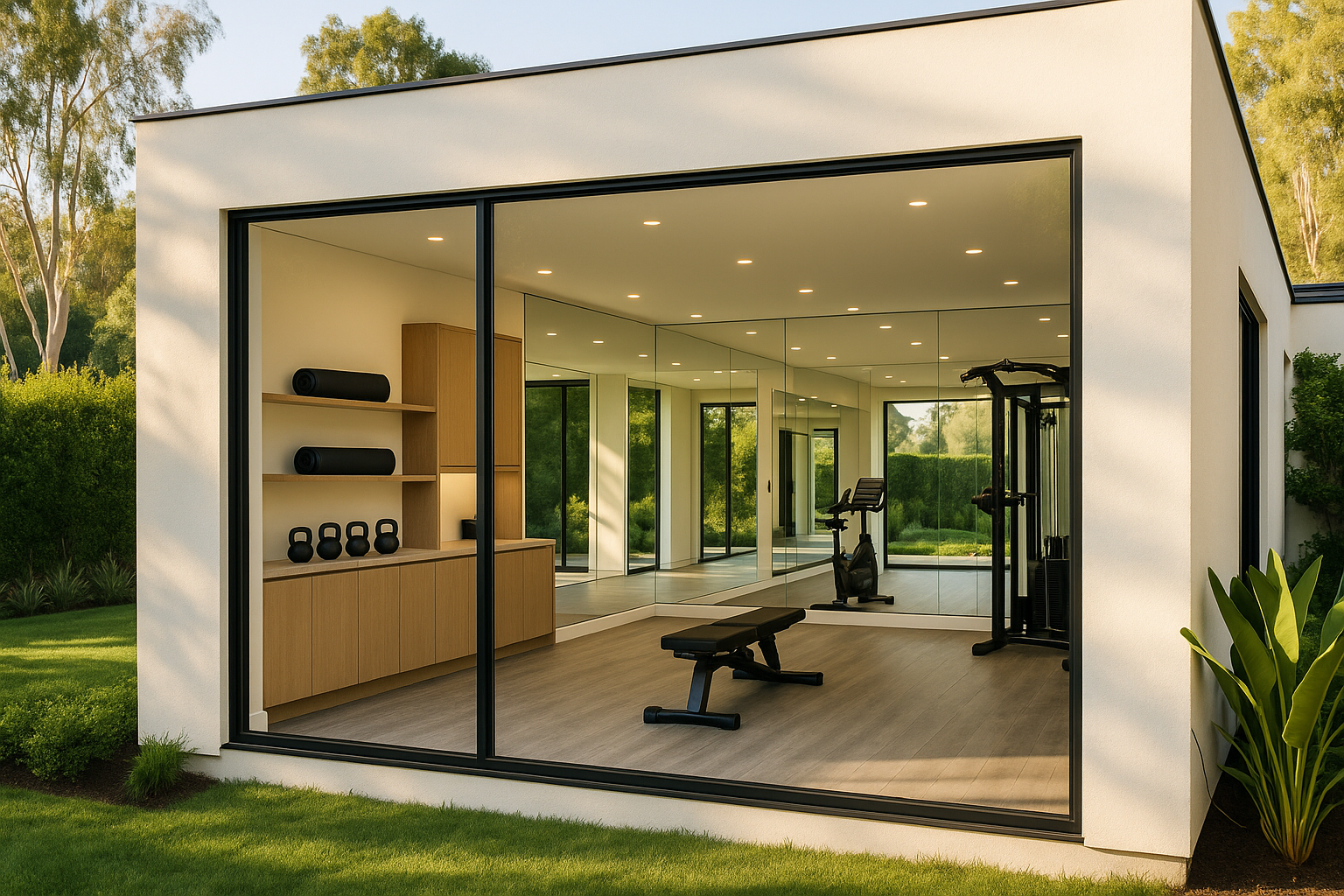 Horizontal home addition in Beverly Hills with a modern gym featuring high-end materials and a seamless connection to outdoor landscaping.