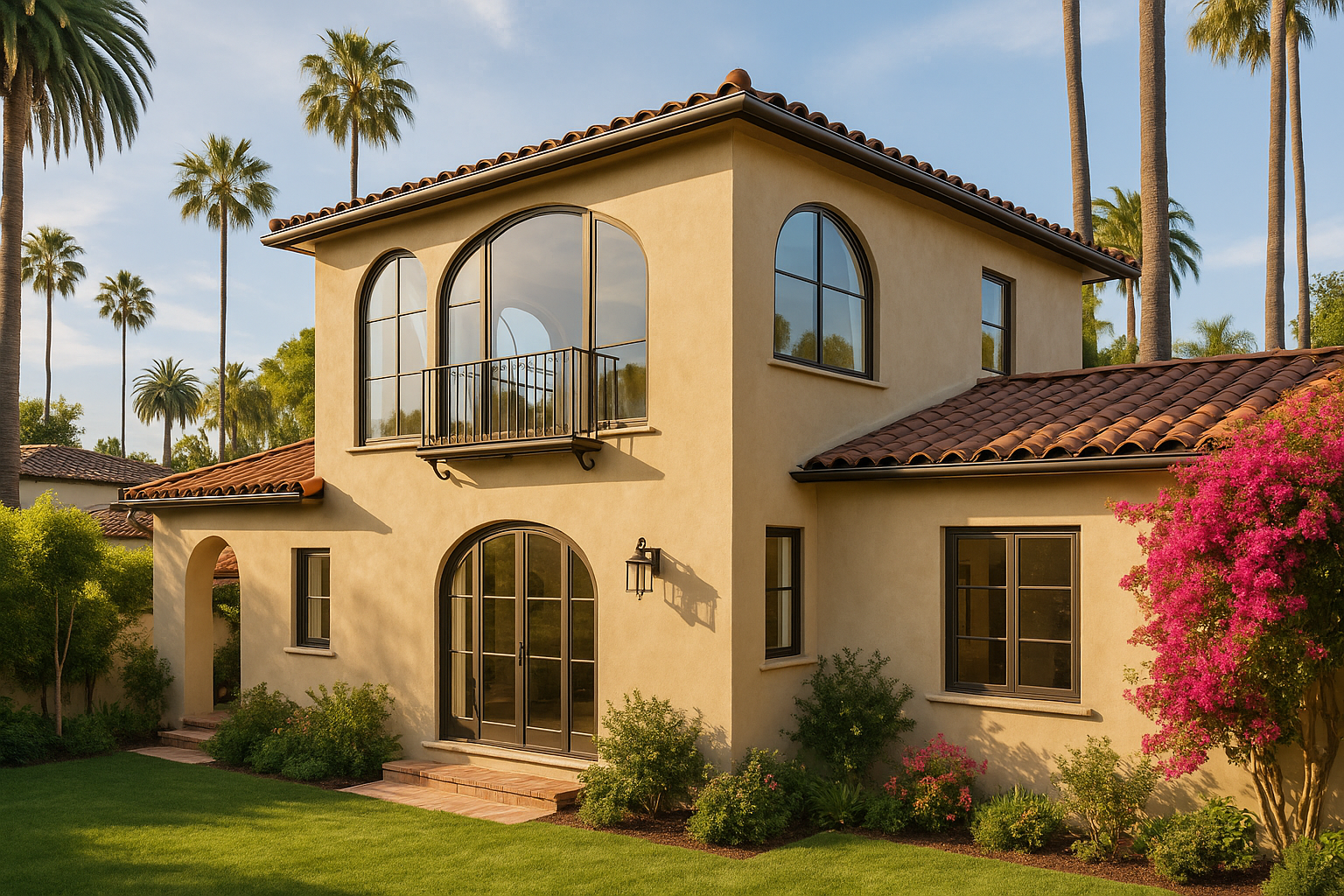 Second-story addition in Beverly Hills with Mediterranean design elements, including arched windows, terracotta roof tiles, and wrought iron balconies.