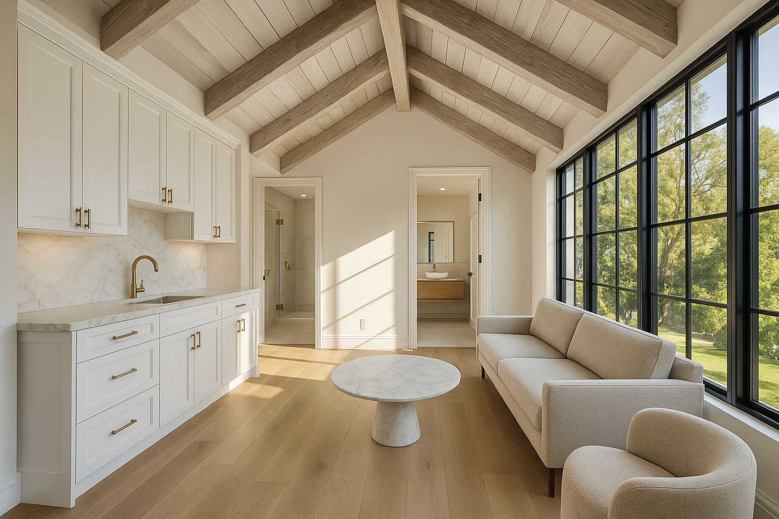 Luxurious ADU interior in Beverly Hills with vaulted ceilings, Calacatta marble countertops, and high-end finishes, designed as a guest suite.
