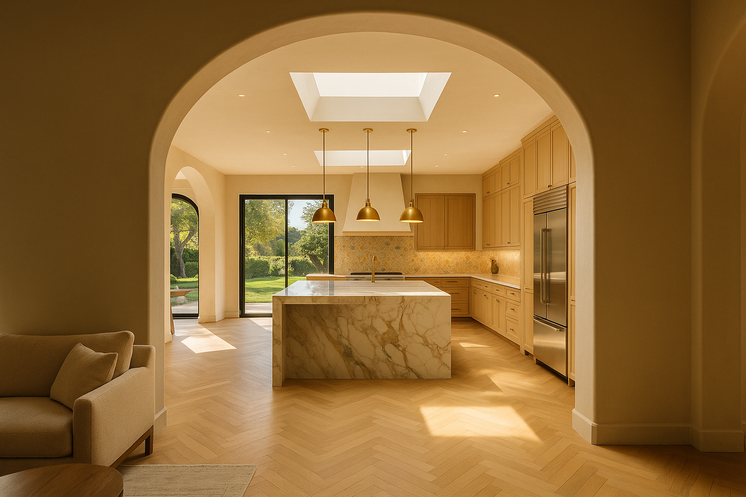 Luxury kitchen addition in Calabasas with marble island, custom cabinetry, and open-concept design.
