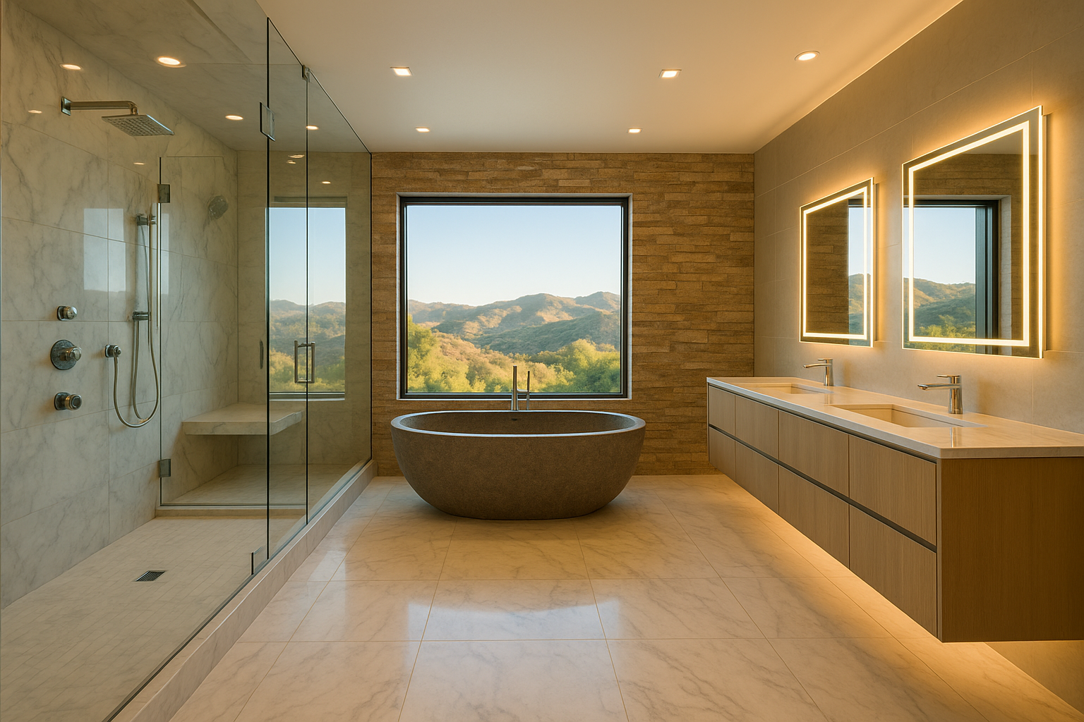 Spa-inspired bathroom addition in Calabasas with a soaking tub, rainfall shower, and panoramic views.