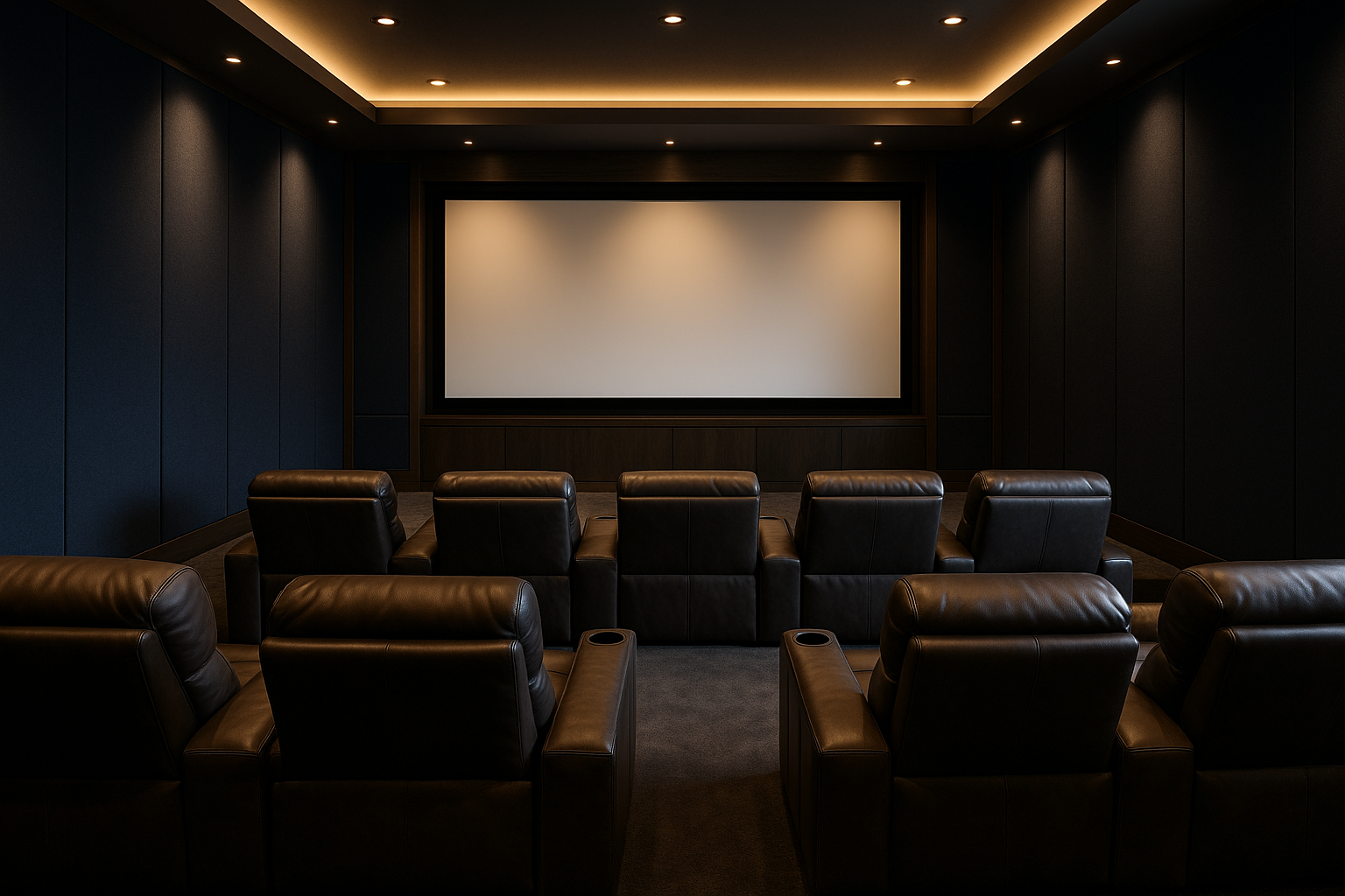 Modern home theater addition in Hidden Hills, California with luxury seating and 4K projector.