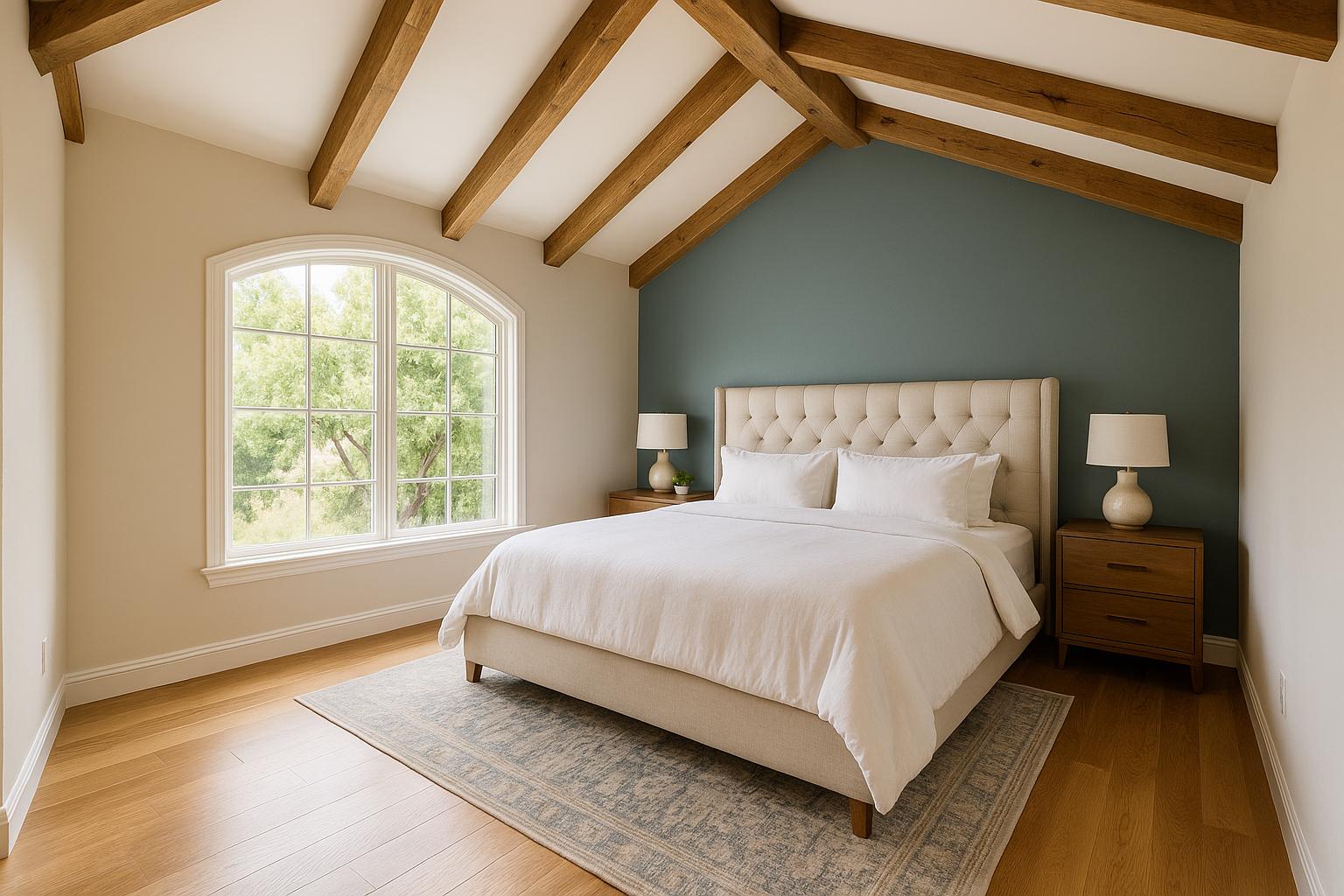 Cozy bedroom addition in a Pasadena home with vaulted ceiling and large arched window