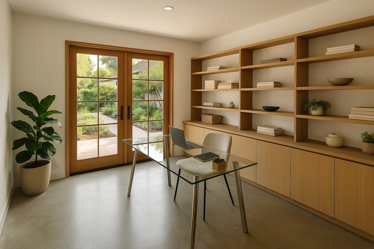 Modern home office conversion from garage in Pasadena with French doors and concrete floors