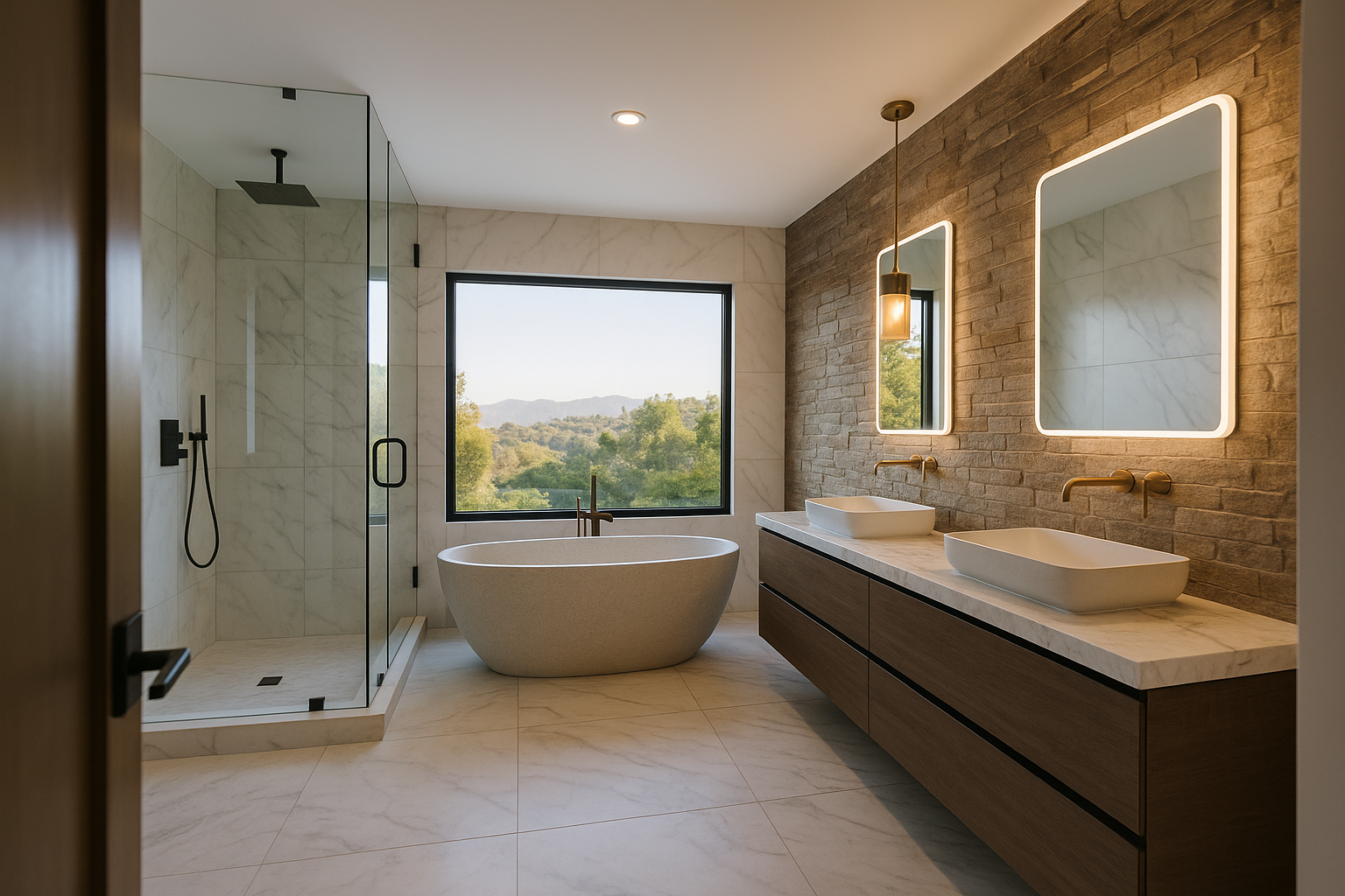 Luxurious bathroom in Pasadena home with freestanding tub and marble accents in second-story addition