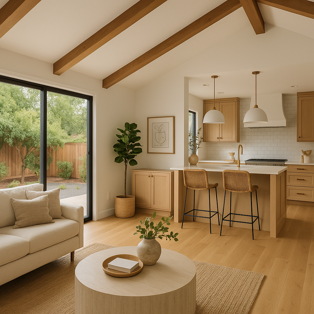 Modern single-room home office addition in San Jose with floor-to-ceiling windows and custom walnut desk.