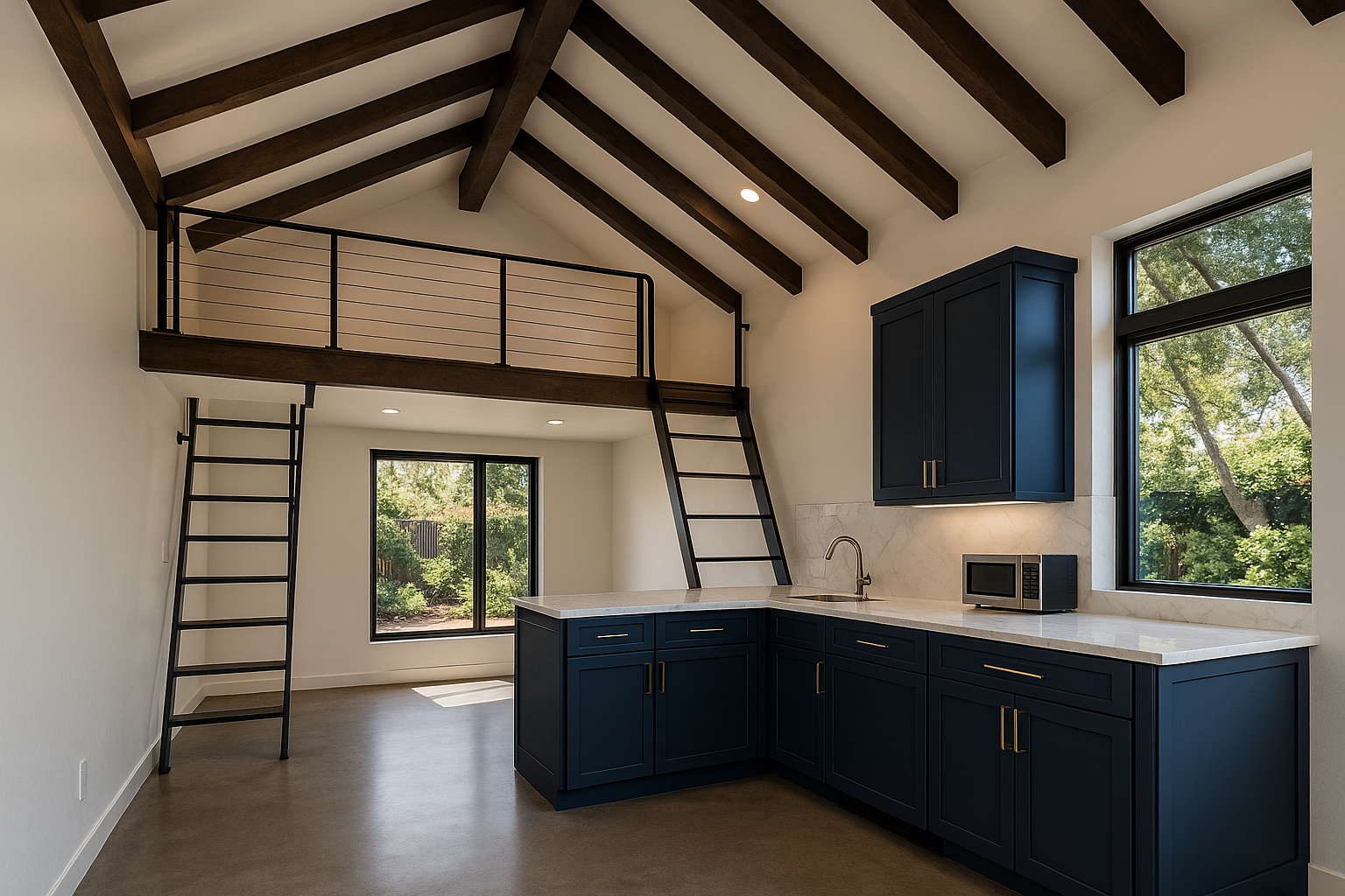 Interior of a San Jose ADU with vaulted ceilings, Carrara marble kitchenette, and loft sleeping area.