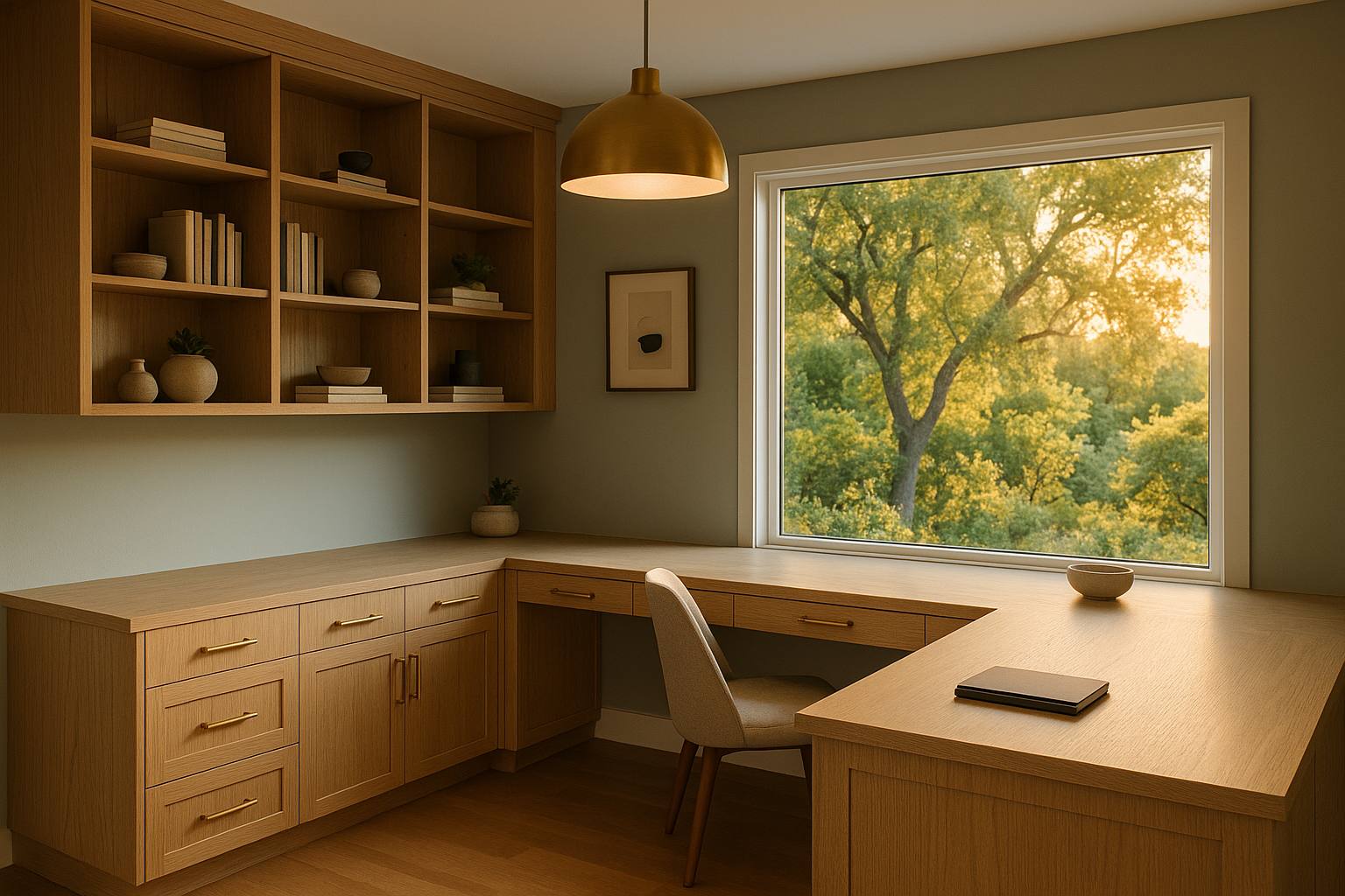 Modern home office addition in Ventura, California, with custom white oak cabinetry and large picture window offering greenery views.