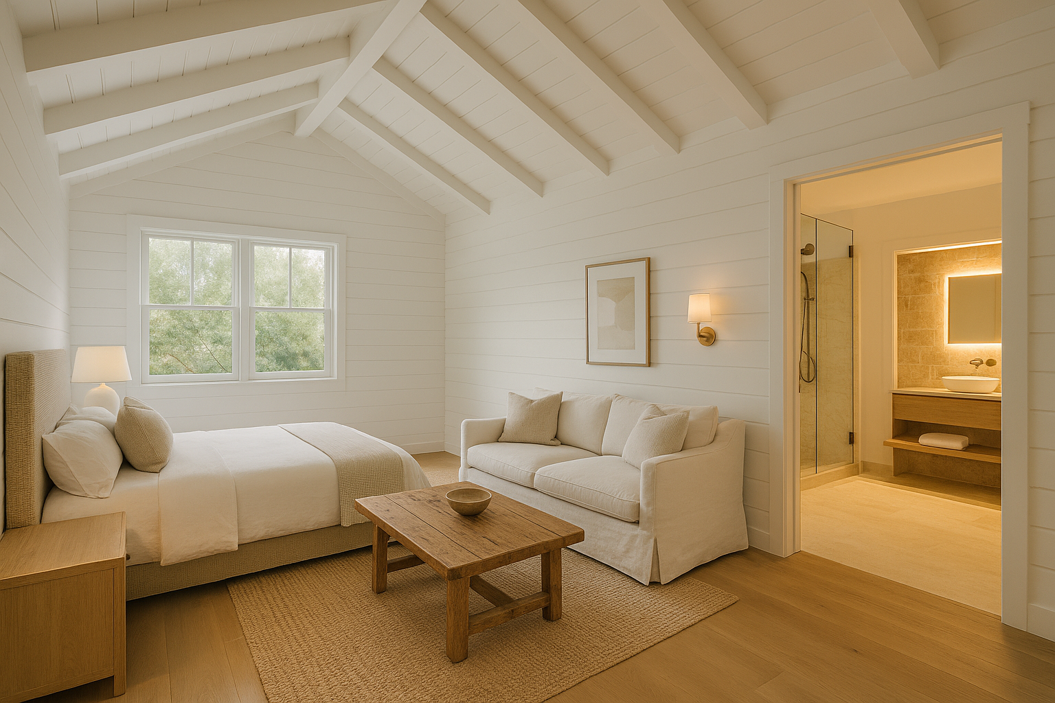 In-law suite addition in Ventura, California, with vaulted ceilings, private living space, and luxury en-suite bathroom.