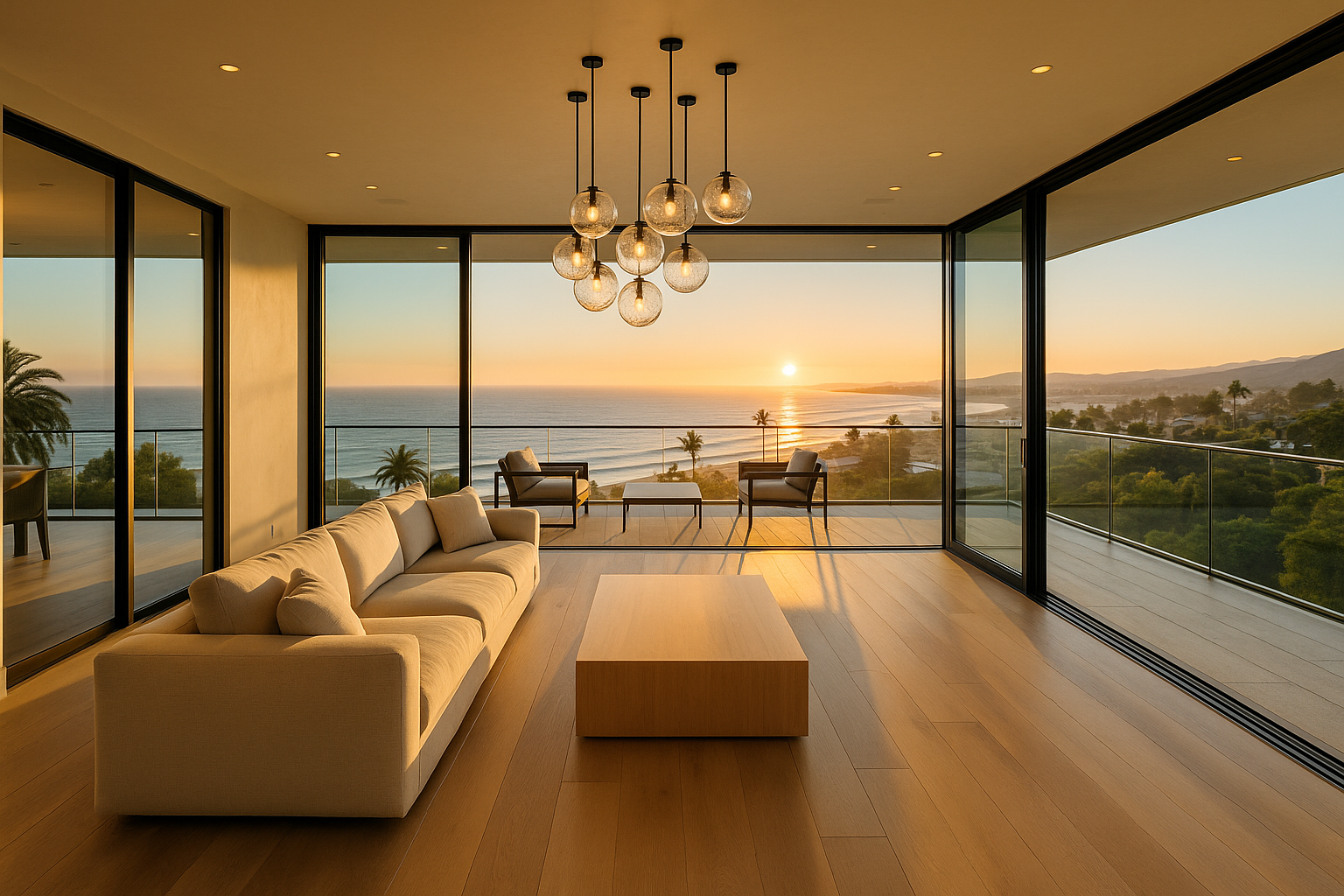 Second-story addition in Ventura, California, with a coastal view, open-concept family room, and expansive deck with glass railing.