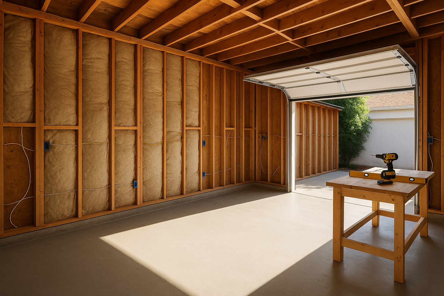 Garage conversion in progress in San Fernando Valley, showing framing, insulation, and concrete floor installation.
