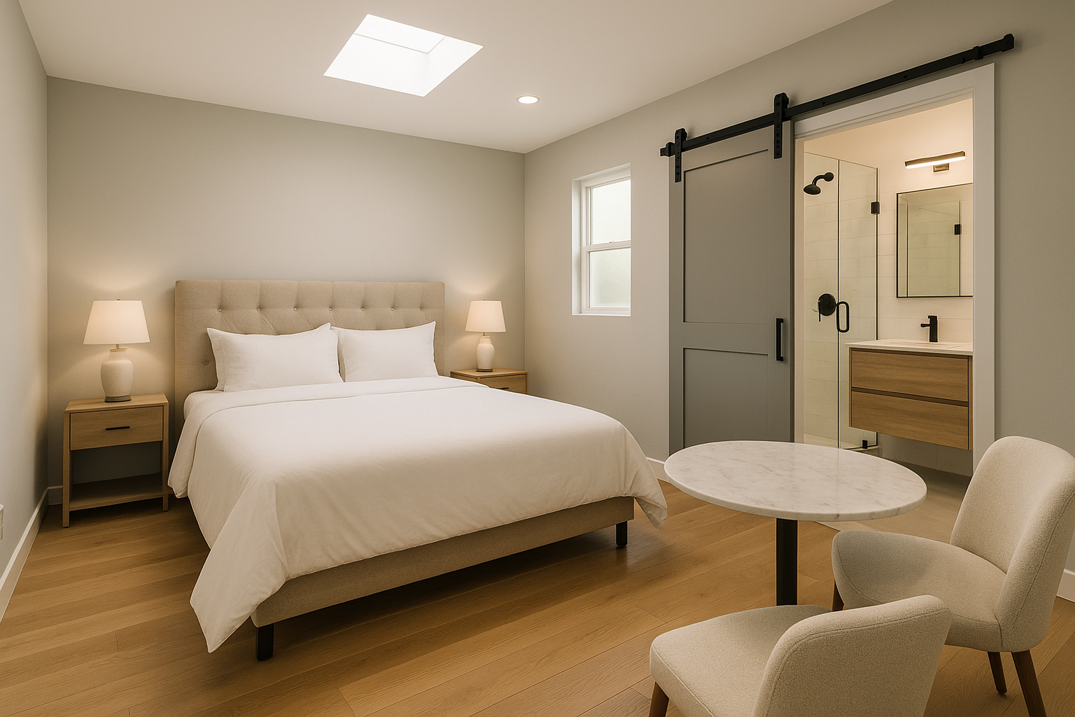 Cozy guest suite garage conversion in San Fernando Valley with minimalist furnishings and ensuite bathroom.