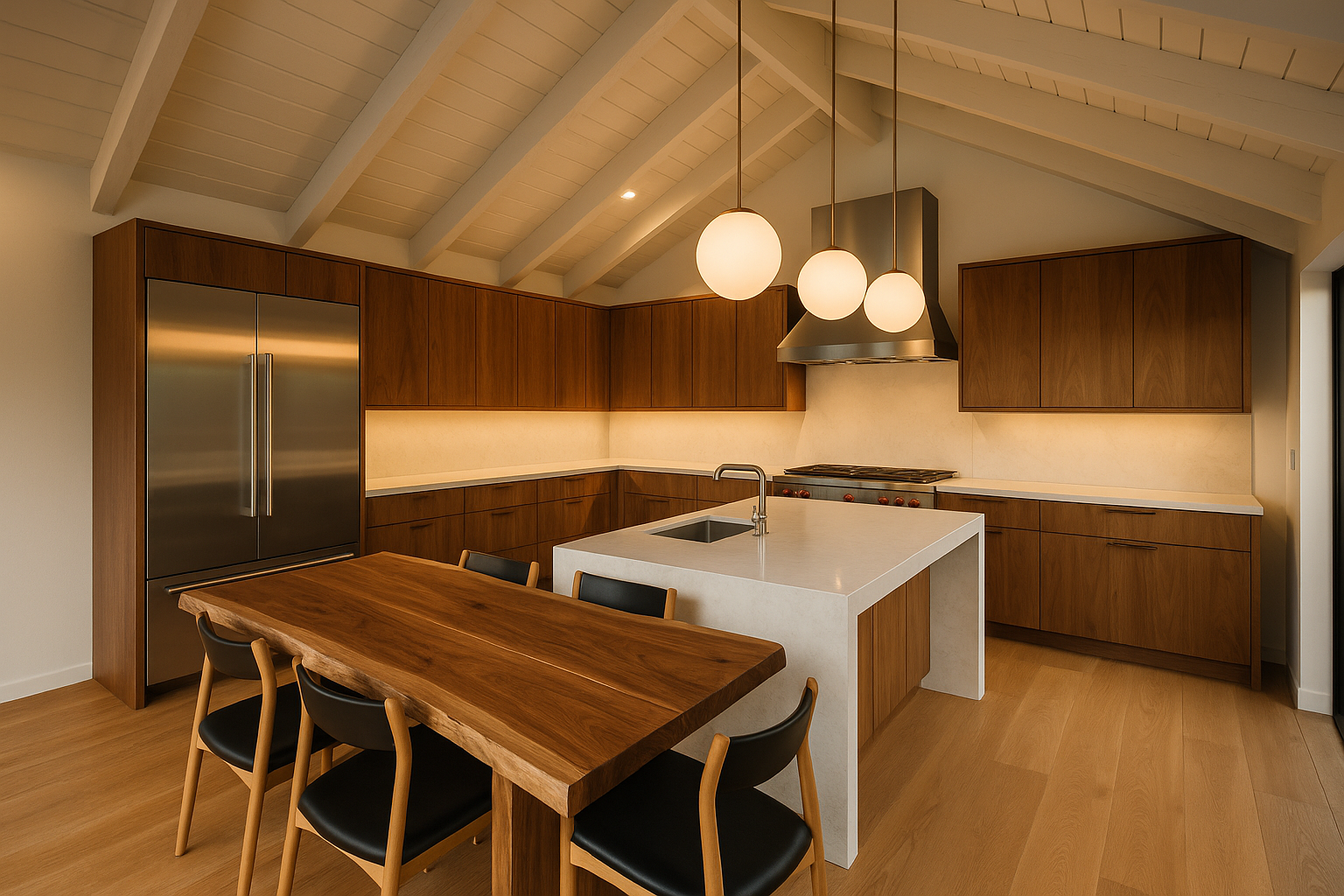 Luxury garage ADU conversion in San Fernando Valley with a high-end kitchen, walnut cabinetry, and dining area.