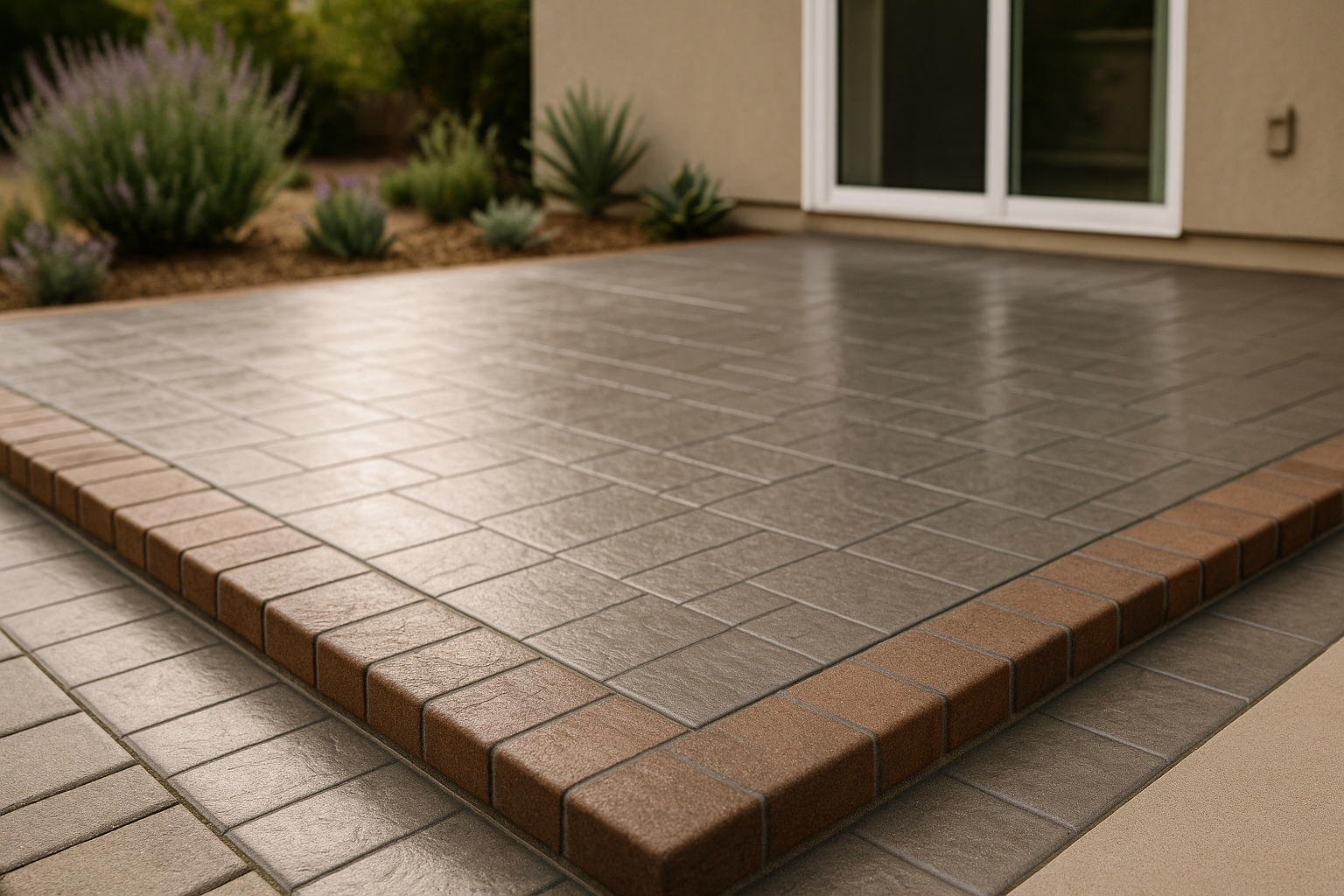 Polished stamped concrete patio with cobblestone texture and brick edging in Woodland Hills, California.