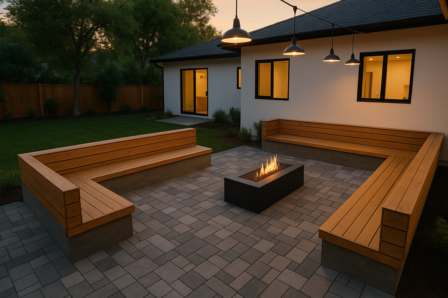 Modern patio with interlocking stone pavers, built-in seating, and a steel fire pit in Woodland Hills, California.