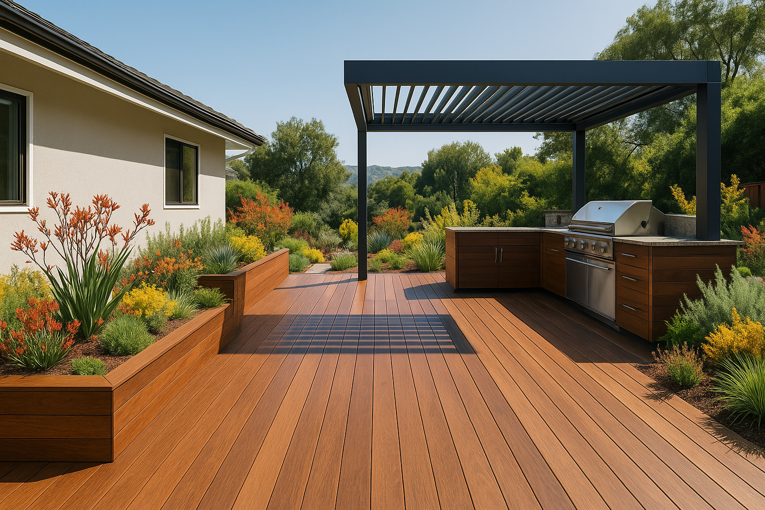 Luxurious wooden deck patio with ipe hardwood and an outdoor kitchen in Woodland Hills, California.