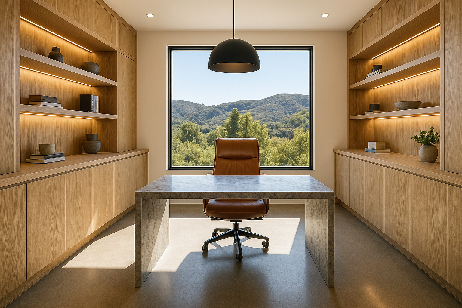 Luxury home office addition in Calabasas featuring quartzite waterfall desk, white oak cabinetry, and hillside views.