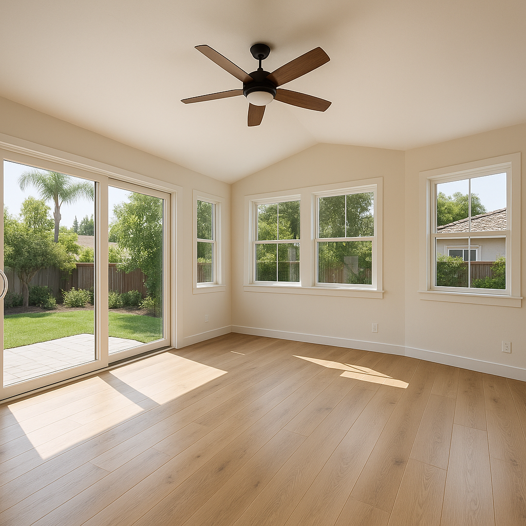 New guest bedroom addition in a Calabasas estate with bay window seating, engineered oak flooring, and elegant finishes.