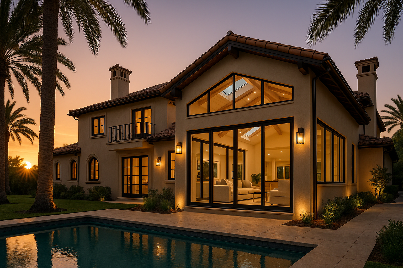 Exterior view of a room addition in Calabasas with stucco walls, Spanish tile roof, and private balcony overlooking an infinity pool.