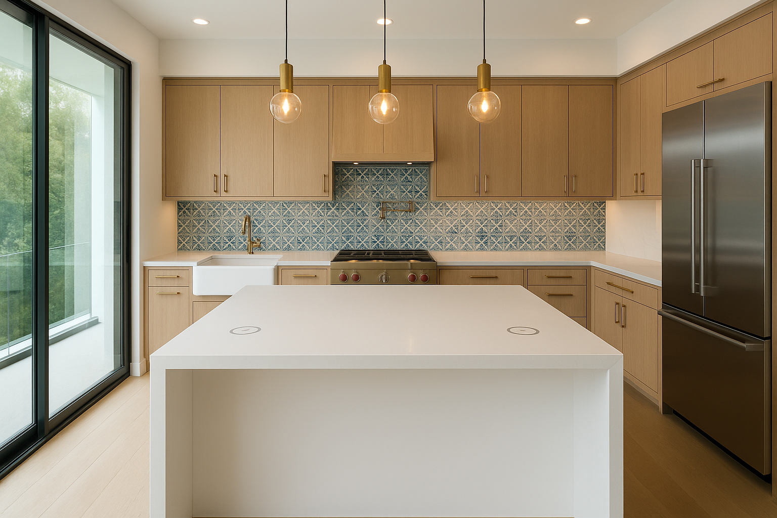 Modern kitchen remodel in Beverly Hills with smart appliances, sustainable materials, and sleek quartz waterfall-edge island.