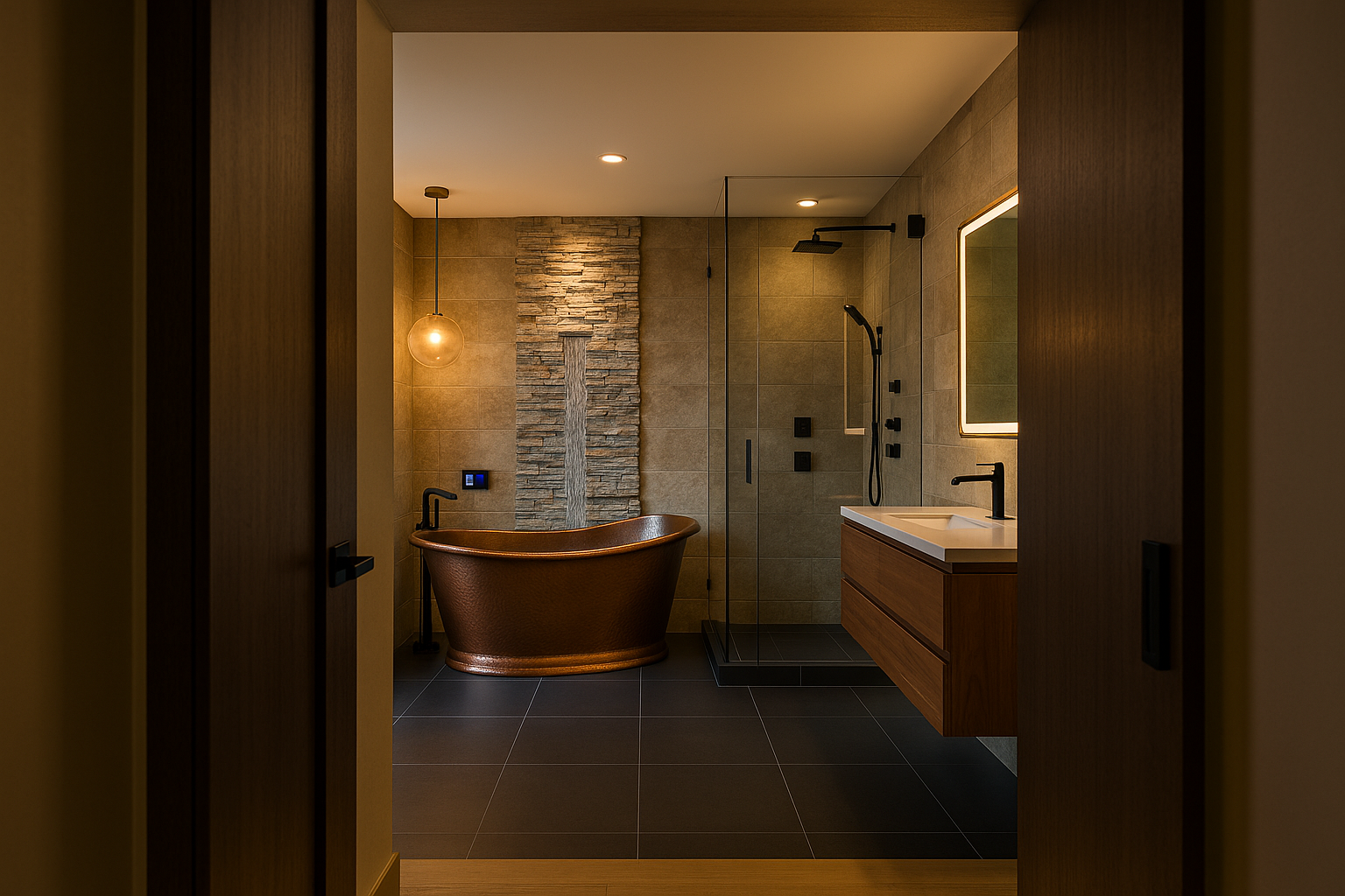 Spa-inspired bathroom remodel in Pacific Palisades featuring smart shower system, copper tub, and natural stone accents.
