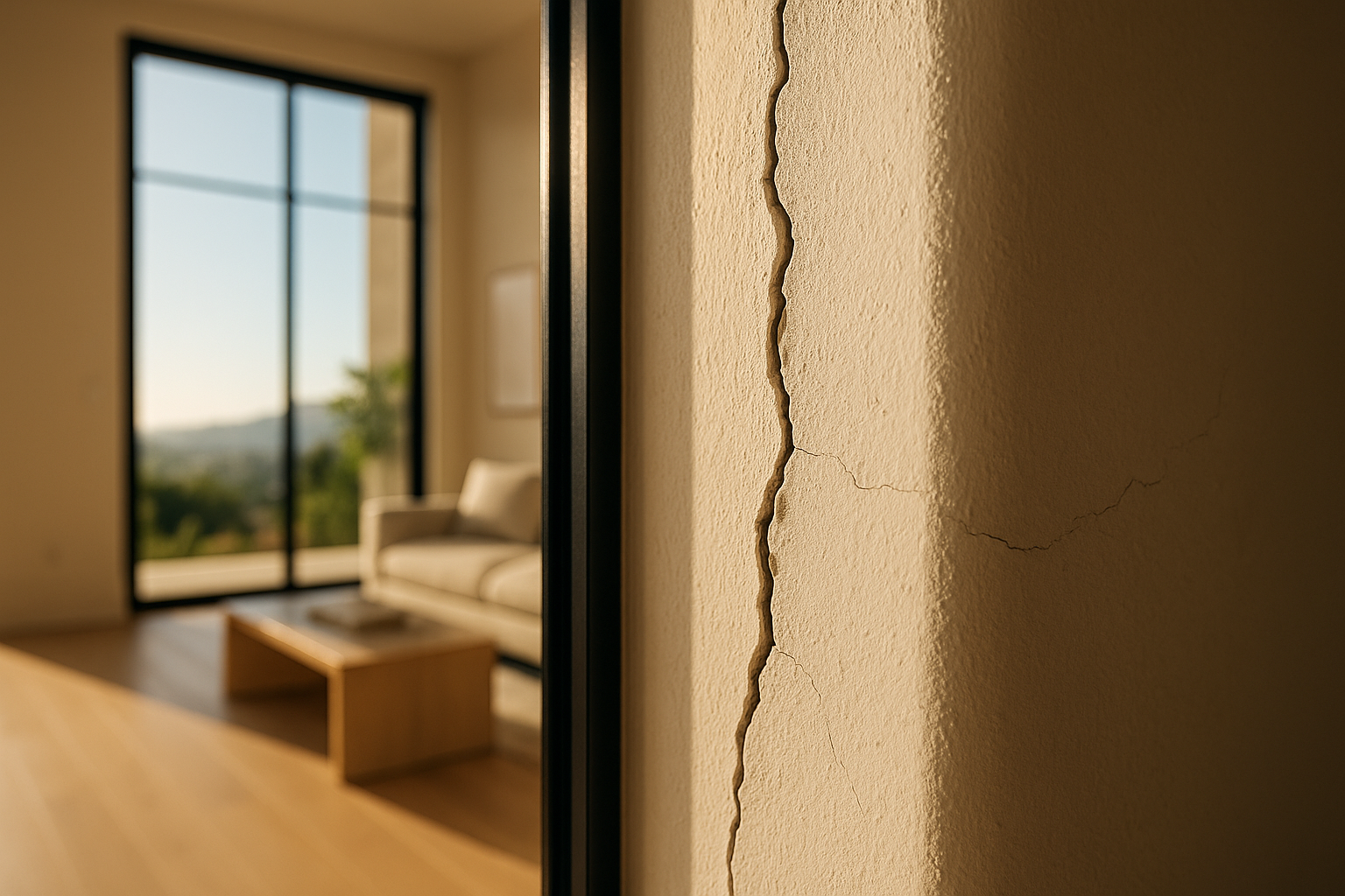 Close-up of a cracked interior wall near a custom black steel-framed window in a modern Beverly Hills home, illustrating foundation issues.