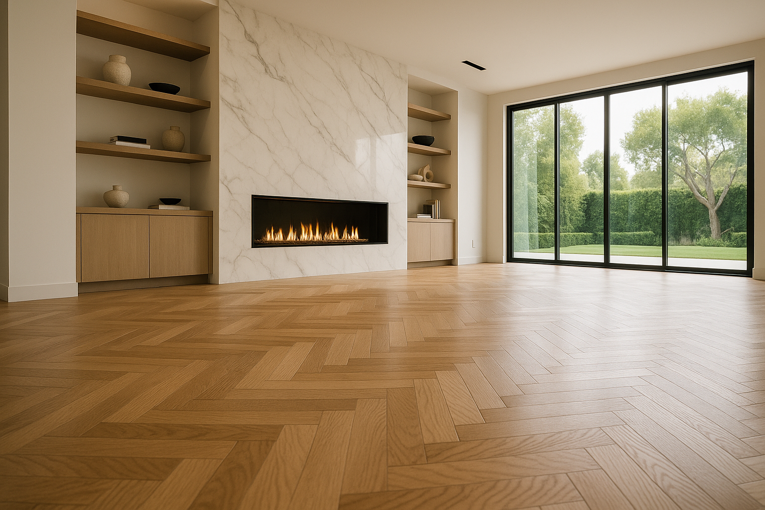 A low-angle view of uneven white oak herringbone flooring in a luxurious Beverly Hills home with floor-to-ceiling windows.