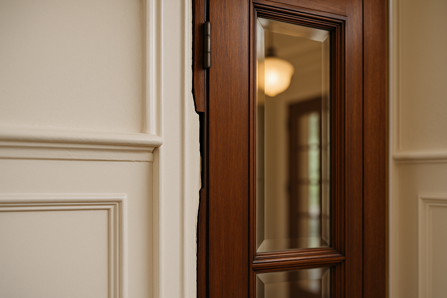 Close-up of a sticking mahogany French door with beveled glass in a Beverly Hills home, showing a gap caused by foundation problems.