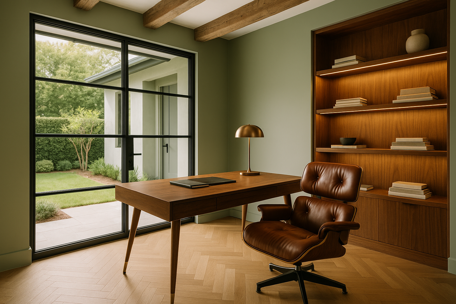 A modern garage conversion into a private home office in Beverly Hills, California, with mid-century furniture and natural light.