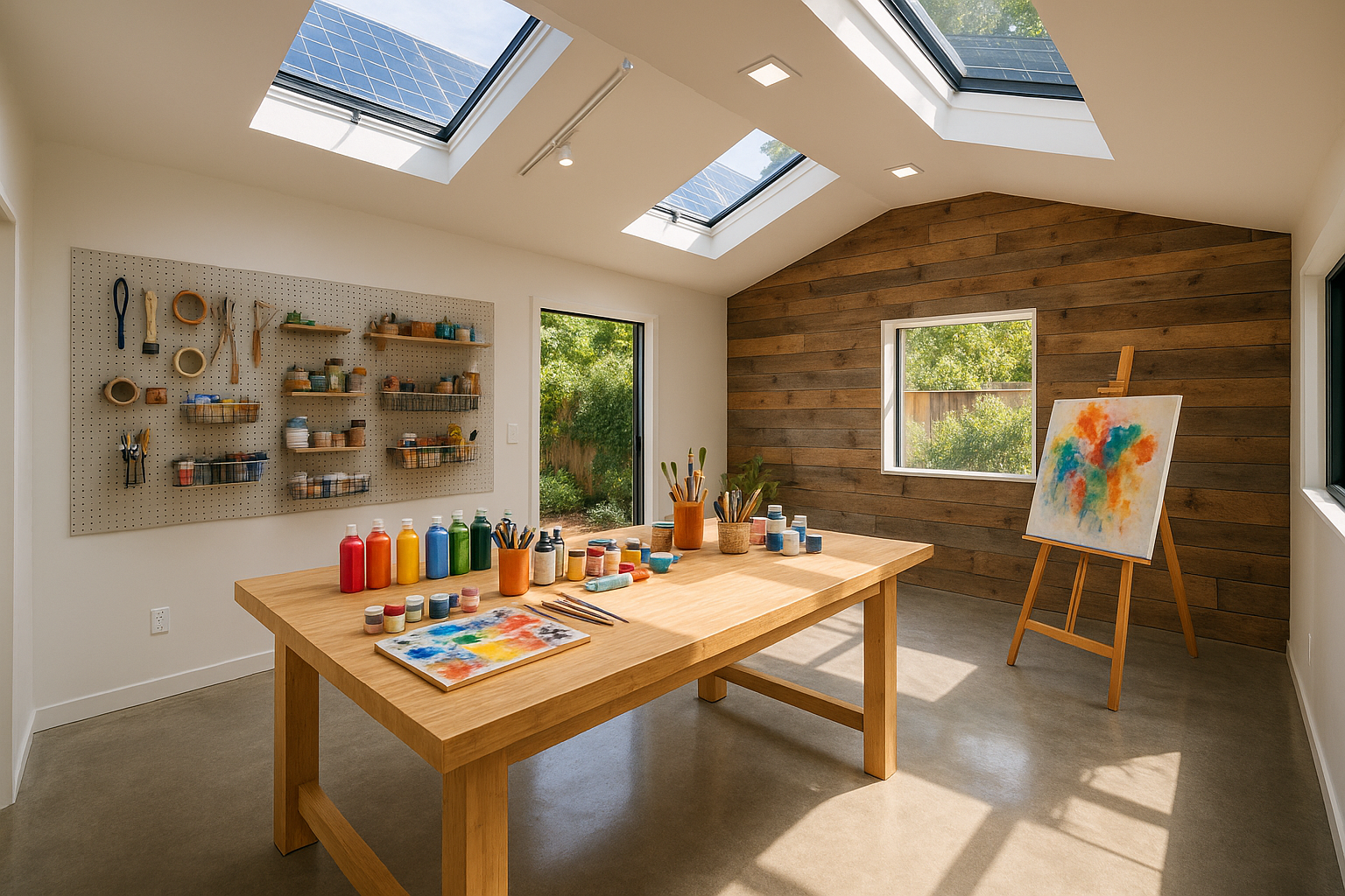 An eco-friendly garage conversion into an art studio in Culver City, California, with skylights and bamboo furniture.