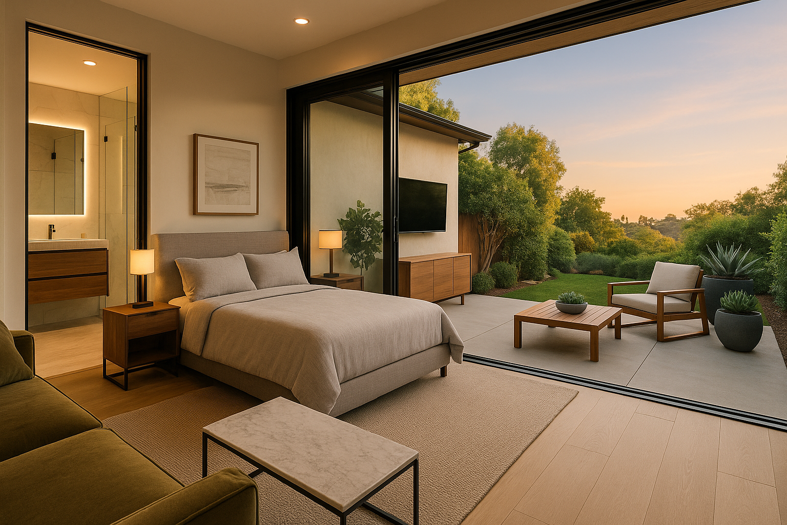 A luxury garage conversion into a guest suite in Los Angeles, featuring a bedroom, ensuite bathroom, and private patio.