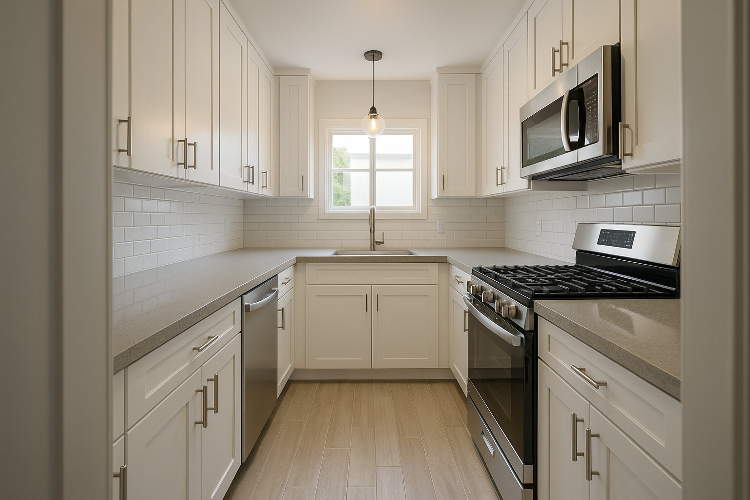 Compact 100 sq ft kitchen remodel in West Los Angeles featuring quartz countertops, shaker cabinets, subway tile backsplash, and porcelain flooring.