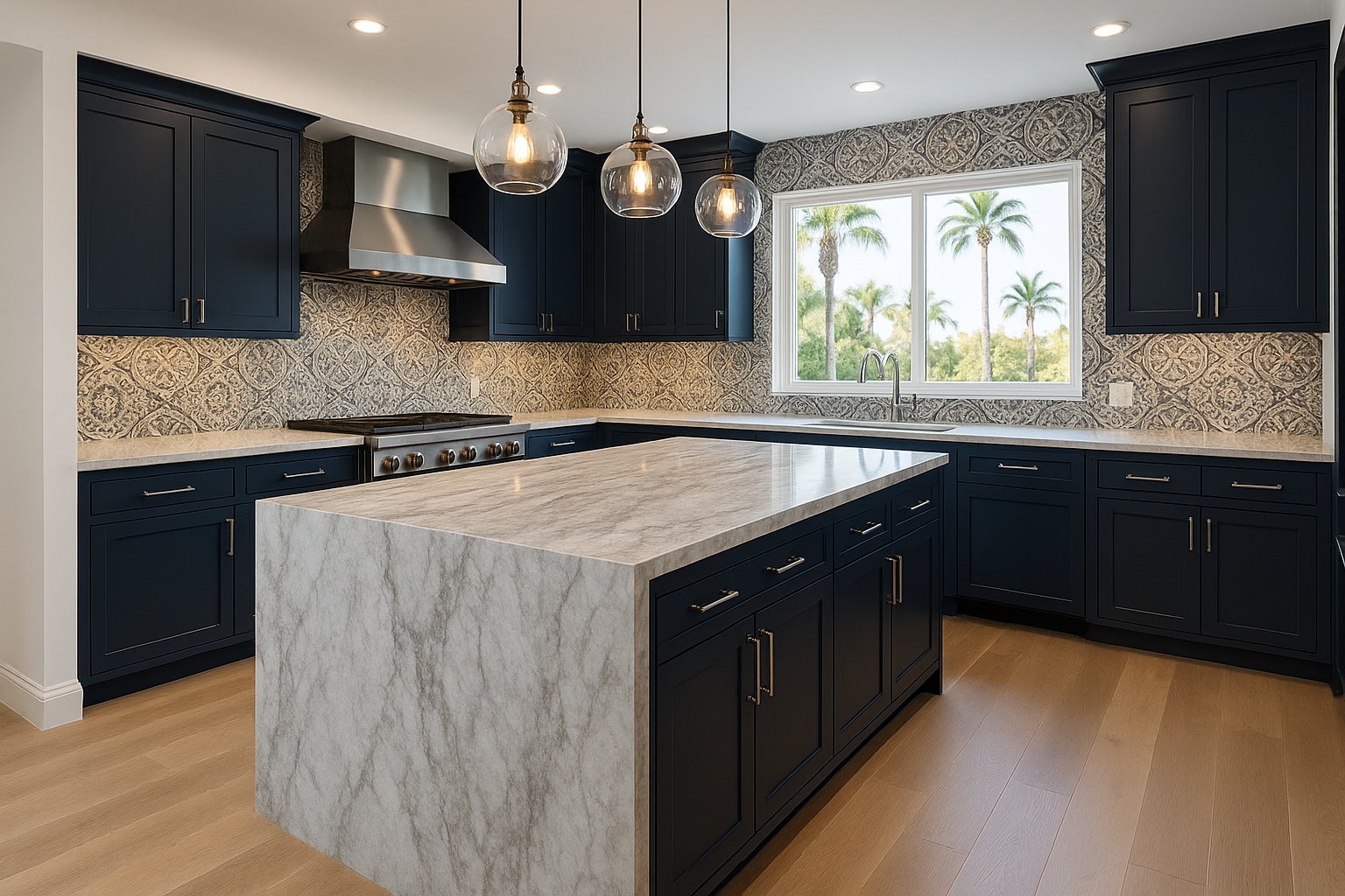 Santa Monica kitchen remodel showcasing quartzite waterfall island, navy cabinetry, Spanish encaustic tile backsplash, and white oak flooring.
