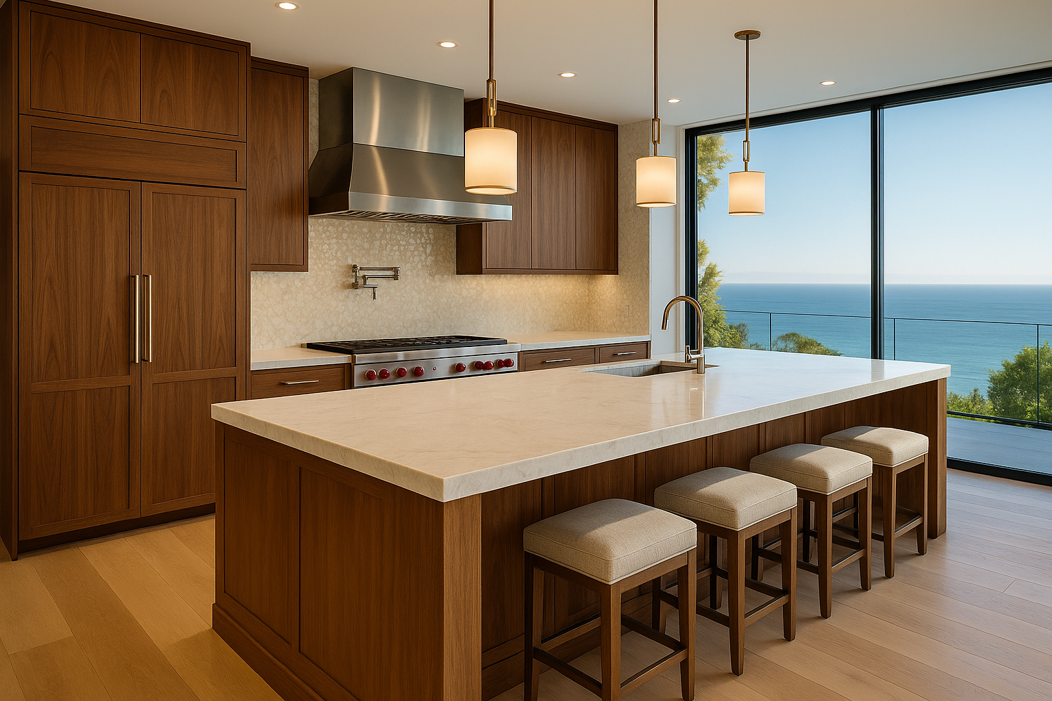 Upscale Pacific Palisades kitchen remodel with Italian marble island, walnut cabinetry, mother-of-pearl backsplash, and ocean views.