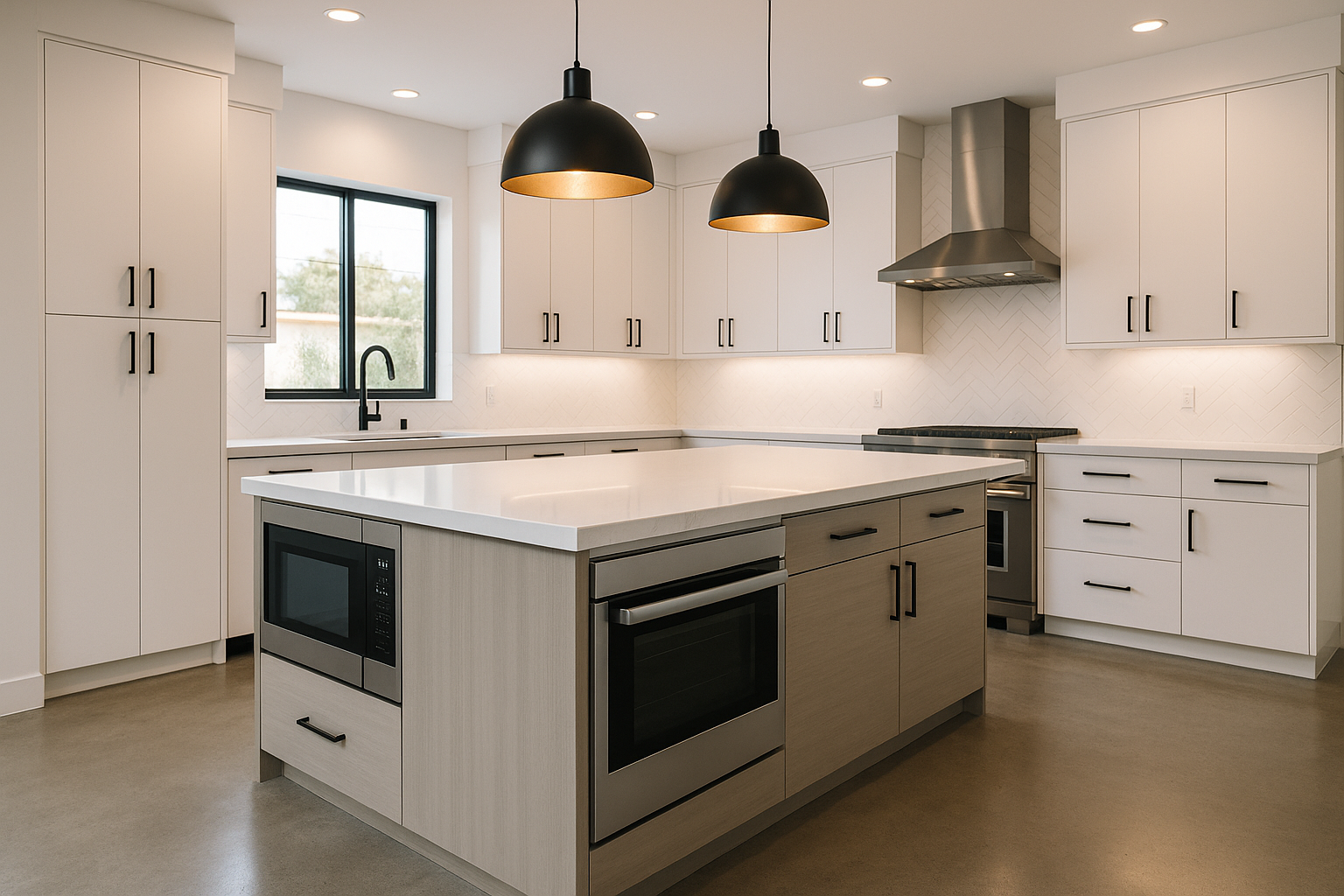 Modern kitchen remodel in Culver City, California, featuring a custom island with energy-efficient appliances and quartz countertop.