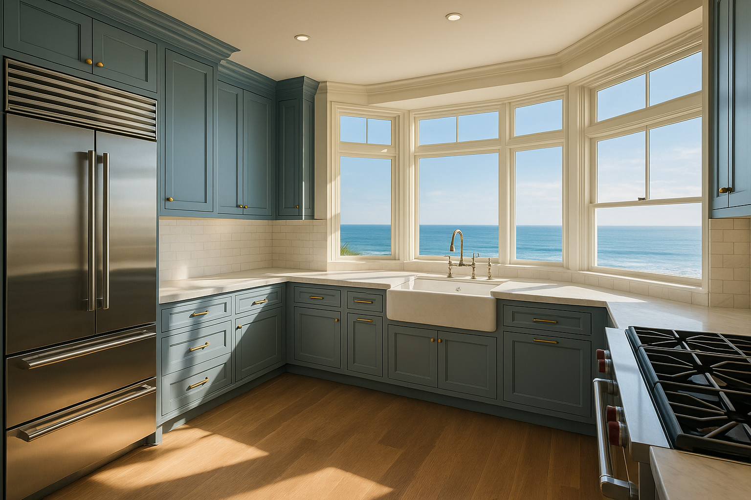 Santa Monica kitchen remodel with coastal blue cabinetry, marble countertops, and large bay windows overlooking the ocean.
