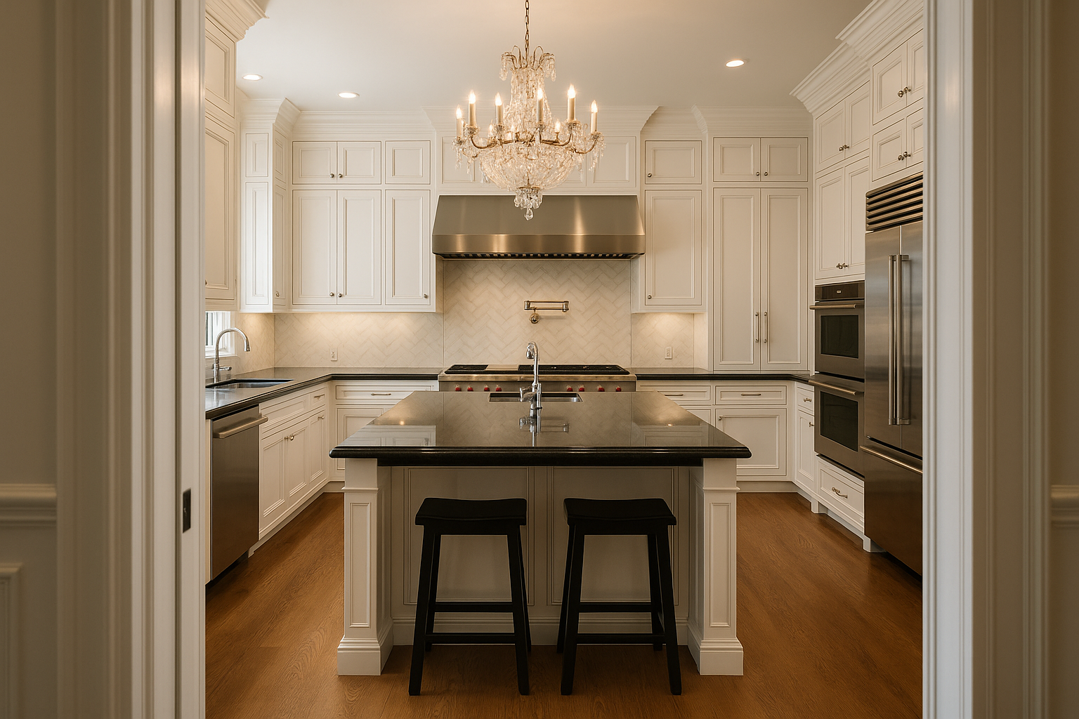 Luxurious Los Angeles kitchen remodel with white custom cabinetry, black granite island, and crystal chandelier.