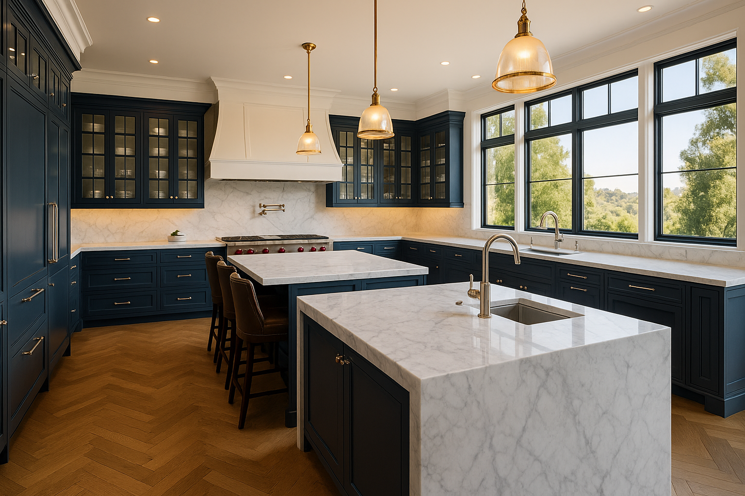 Transitional kitchen remodel in Beverly Hills with double islands, Carrara marble countertops, and navy blue cabinetry.