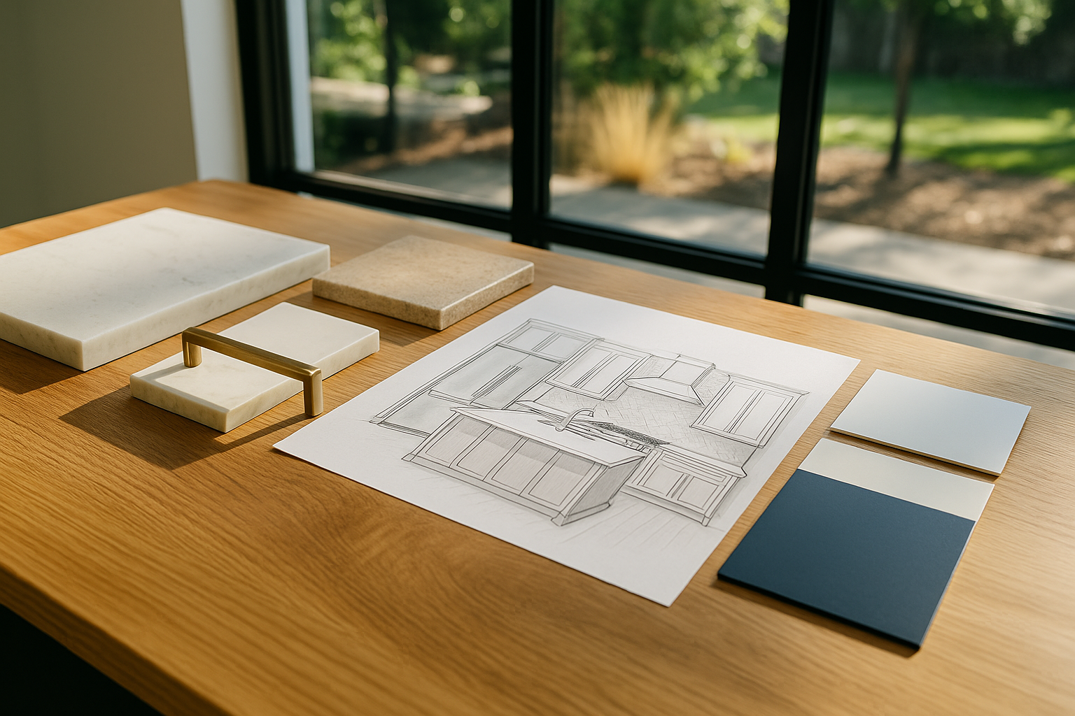 Studio City kitchen design consultation with material samples and layout sketches, featuring quartz countertops and brass hardware.