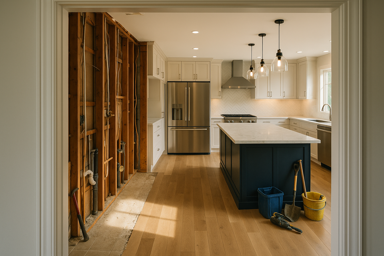 Studio City kitchen demolition phase showing exposed framing, wiring, and plumbing during remodeling.