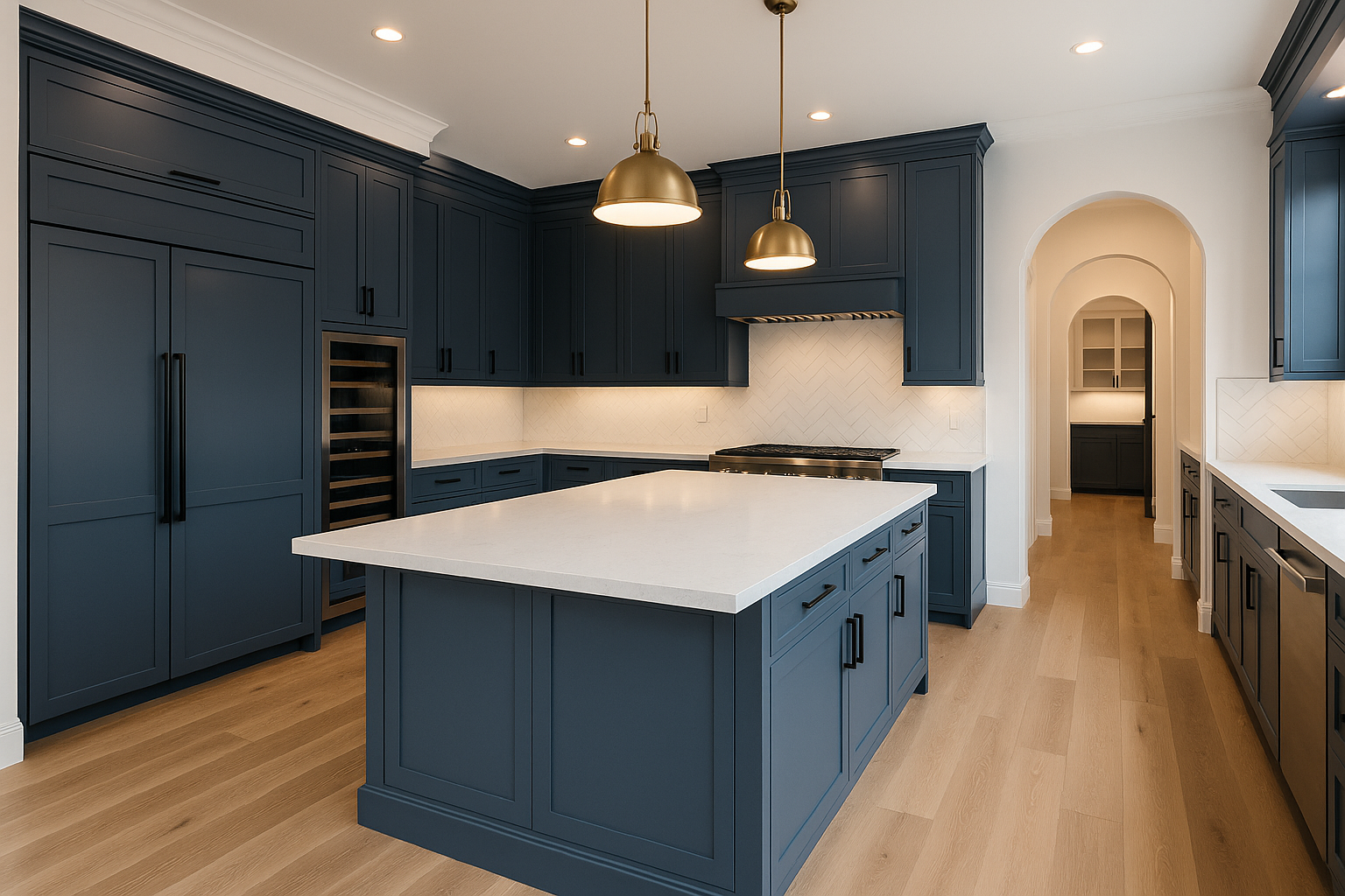 Completed kitchen remodel in Studio City featuring quartz countertops, navy blue cabinets, and Sub-Zero appliances during final inspection.
