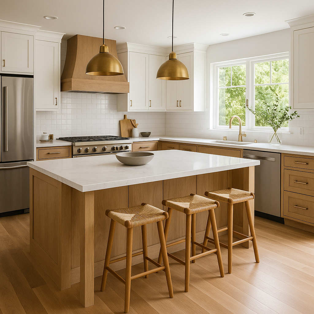 Coastal-modern kitchen remodel in Santa Monica with shaker cabinetry and quartz countertops.