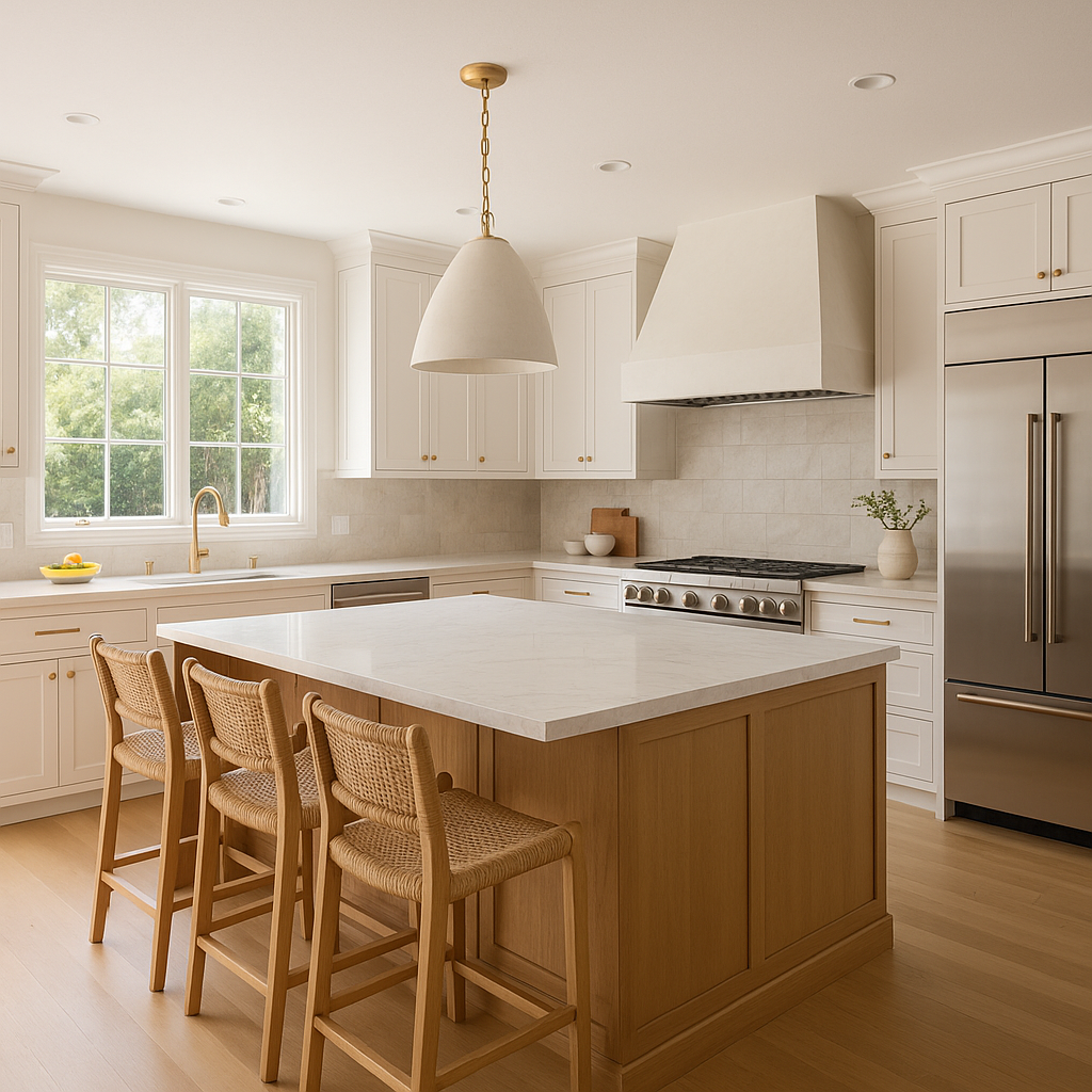 Close-up of premium finishes in a Beverly Hills kitchen remodel, including Sub-Zero appliances and Carrara marble countertops.