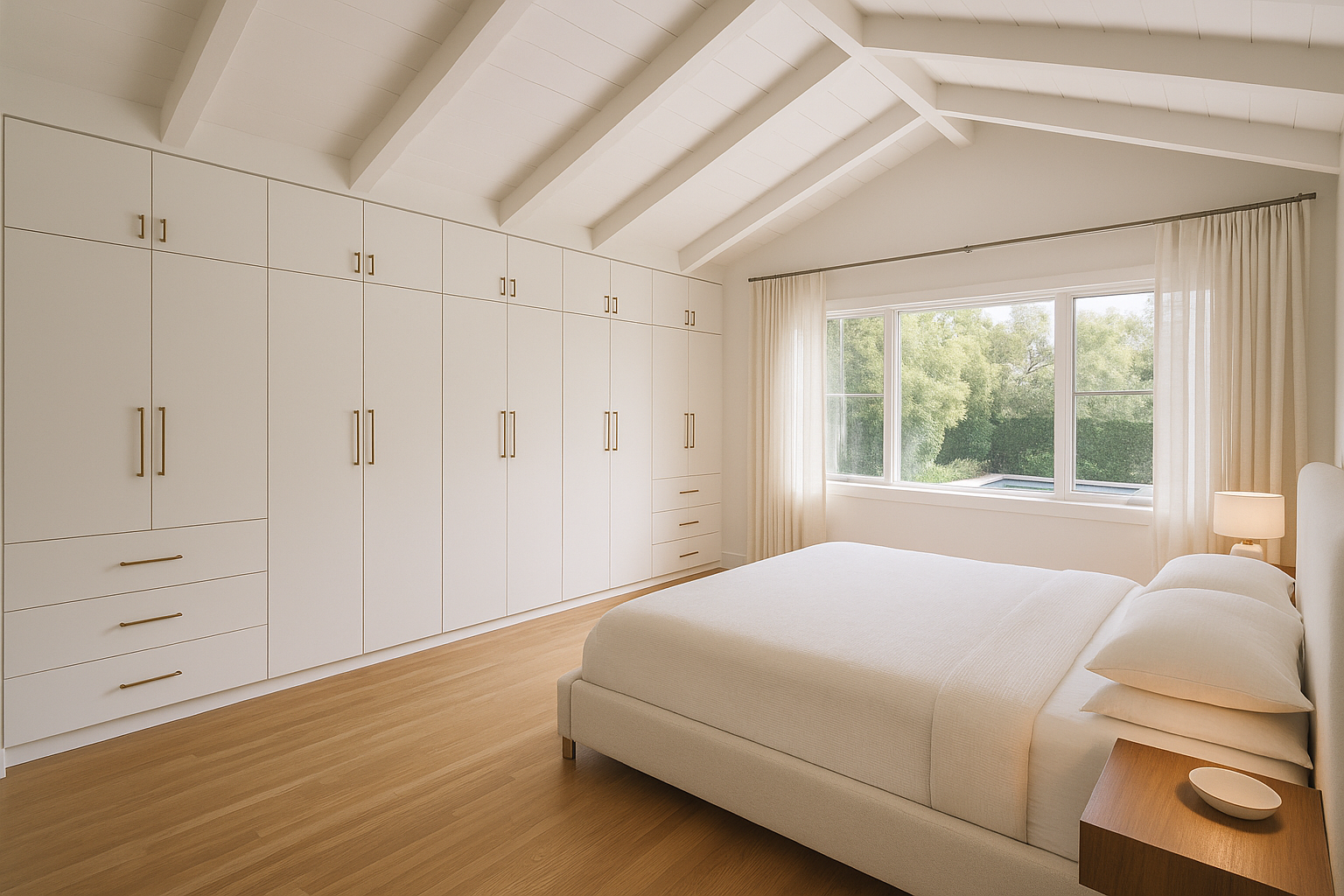 Primary bedroom in a Studio City home remodel featuring custom built-in storage and a vaulted ceiling with exposed beams.