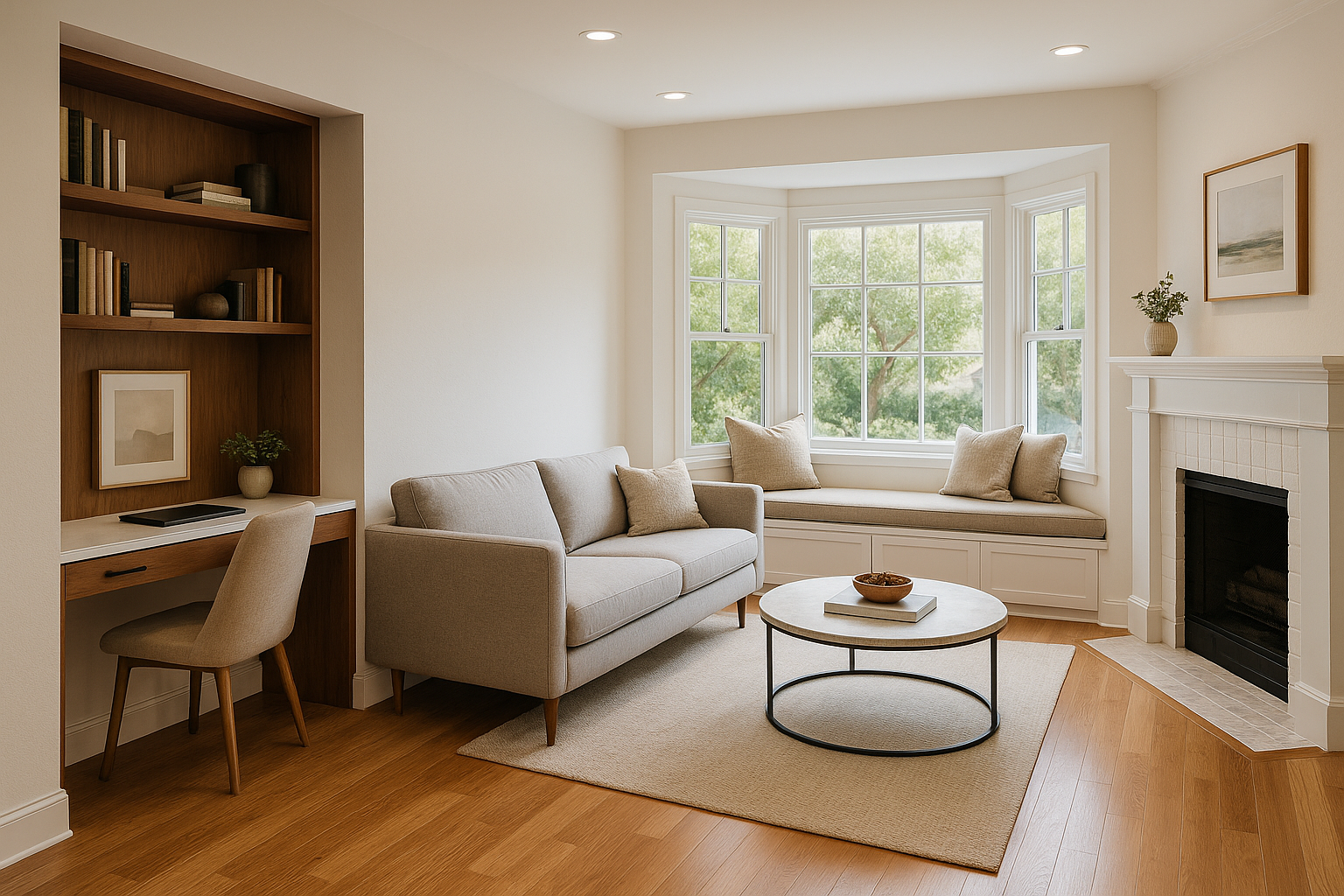 Multi-functional living room in a Studio City home remodel with integrated home office and bay window seating.