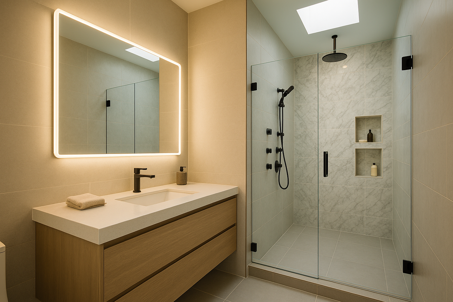 Modern spa-inspired bathroom in a Studio City home remodel with a floating vanity, rainfall shower, and marble accent wall.